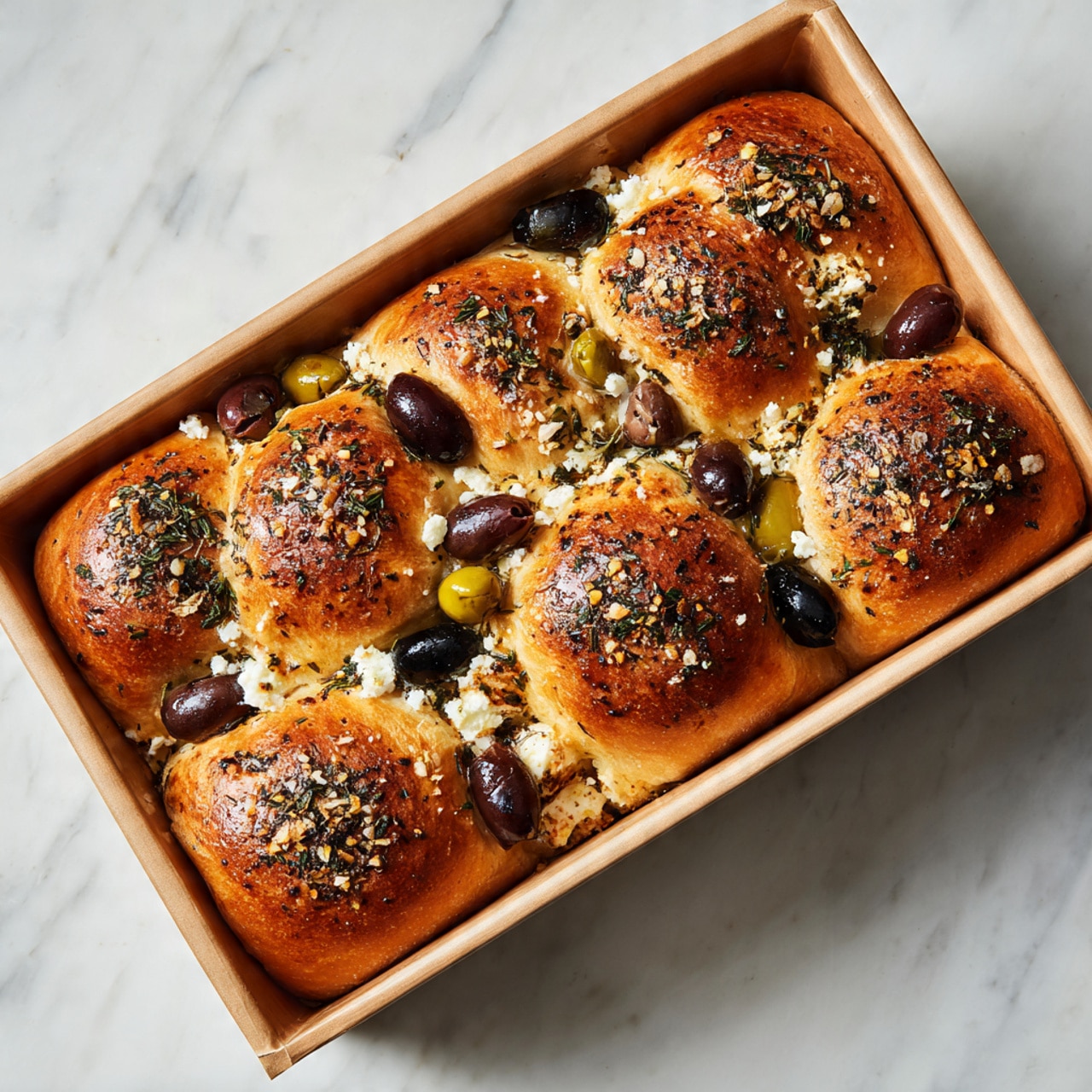 The image shows a close-up of a savory bread loaf with three rounded golden-brown tops, sprinkled with herbs and crushed nuts. The loaf is sliced to display the inside, revealing a soft, fluffy white bread texture with chunks of black and green olives and white cheese embedded throughout. Some olives are dark purple-black, while others are green, and the cheese pieces appear soft and crumbly. The loaf sits on a surface with a white marbled texture, and some crumbs and small bits of fillings are scattered around. In the blurred background, there is a white bowl with a green garnish. photo taken with an iphone --ar 4:5 --v 7