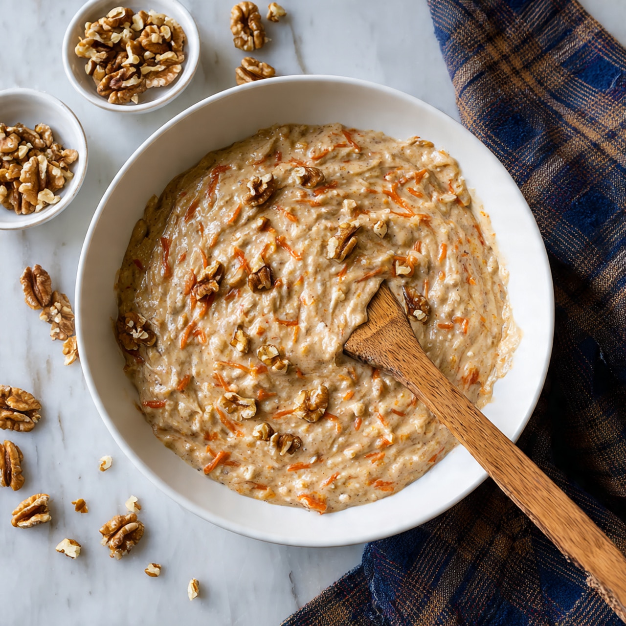 A white bowl filled with a thick, creamy mixture that has a light brown color with visible orange carrot shreds and small pieces of chopped walnuts scattered on top and mixed throughout. A wooden spatula rests in the bowl, slightly covered with the mixture. Around the bowl, there are small pieces of walnuts on a white marbled surface, with a small white bowl containing more chopped walnuts near the top. A plaid cloth with dark blue, brown, and beige colors lies partially under the bowl on the right side. photo taken with an iphone --ar 4:5 --v 7