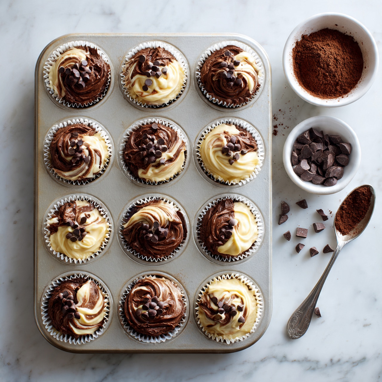 The image shows a close-up of a chocolate vanilla swirl muffin with a rough texture, divided into two visible layers: a golden brown vanilla base and a dark chocolate swirled top mixed in the middle. The muffin is partly eaten, revealing the moist and soft inside with swirls of chocolate and vanilla. Surrounding the main muffin are three whole muffins with similar marbled chocolate and vanilla tops dotted with chocolate chips on white paper liners. The muffins rest on a white marbled surface, scattered with a few small chocolate chips. The background is gently blurred with a white ceramic plate holding more muffins and some green bowls. Photo taken with an iphone --ar 4:5 --v 7