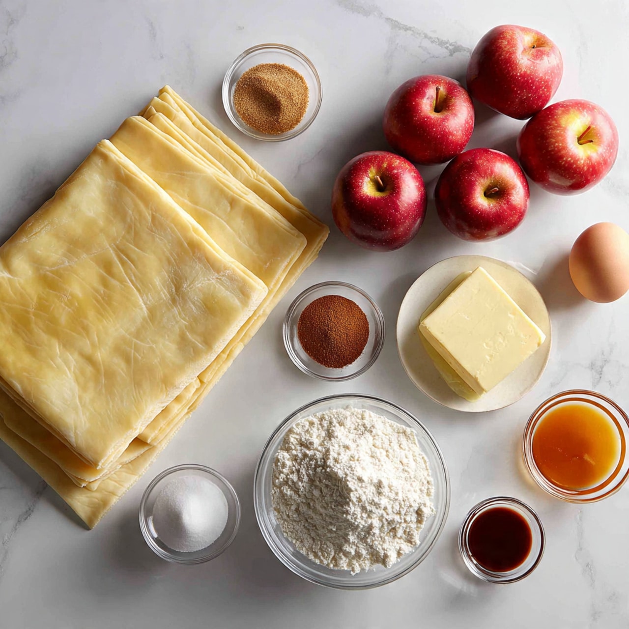 A single rectangular apple tart sits in the center of a white speckled plate, featuring a golden brown puff pastry base with slightly raised edges. On top, thin slices of apple are neatly layered in a slightly overlapping pattern, their light cream color dusted with cinnamon. A rich caramel glaze is drizzled over the apples, adding a shiny and smooth texture. The plate rests on a rustic wooden surface with a white marbled texture, and around the plate are a few green leaves and red apples, adding a natural touch to the setting. Photo taken with an iphone --ar 4:5 --v 7