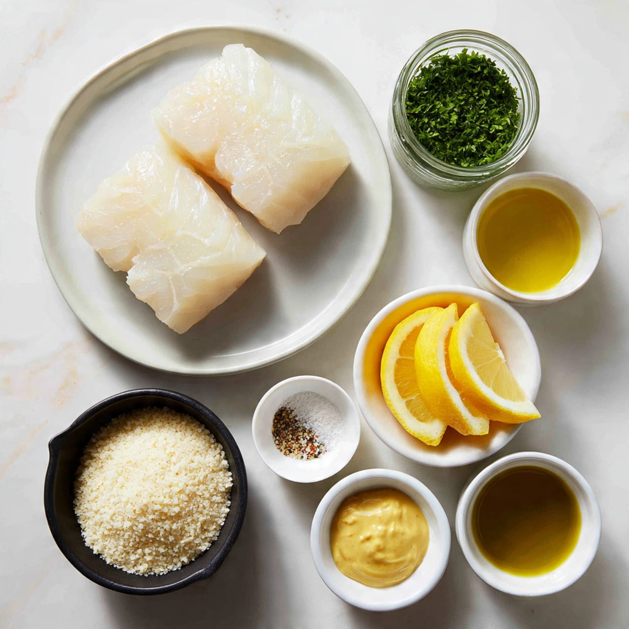 On a white plate with light speckles, there is a serving of bright green peas placed on the left side, with a golden brown, crispy breaded piece of fish on the right side. A lemon wedge with bright yellow flesh rests between the peas and the fish. A silver fork is positioned diagonally on the right edge of the plate, its tines near the breaded fish. The plate is set on a white marbled surface, and a white cloth with blue stripes is draped to the left side of the plate. In the top right corner, a white dish lined with white paper holds another portion of the breaded fish with a lemon wedge on top. photo taken with an iphone --ar 4:5 --v 7