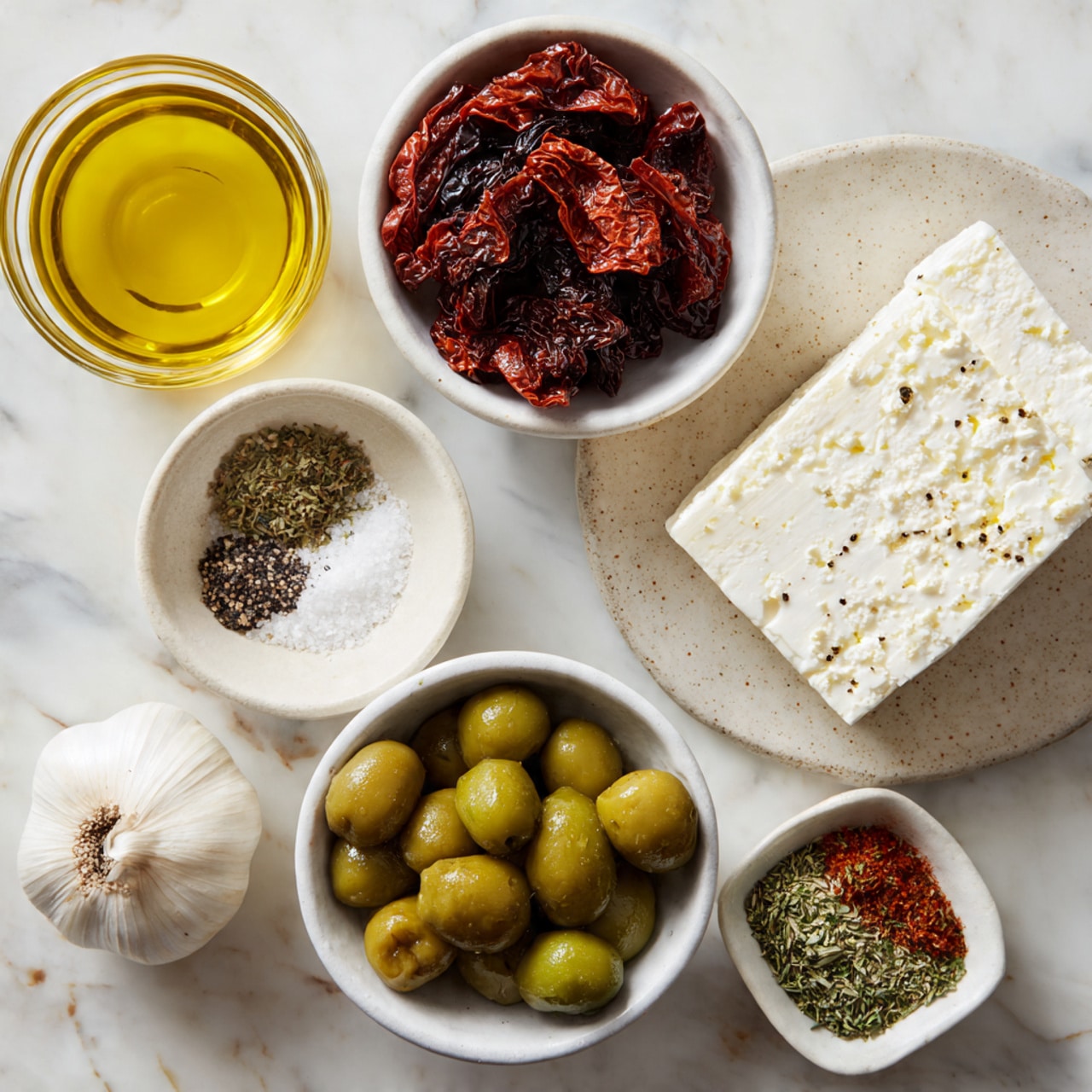 The image shows six small white bowls and plates arranged on a white marbled surface. At the top left, there is a clear bowl filled with golden-yellow extra-virgin olive oil. To the right of it is a white bowl holding dark red sun-dried tomatoes with a wrinkled texture. Below the olive oil, there is a small white bowl with coarse salt and black pepper mixed together. At the center right, a larger white plate holds a rectangular block of crumbly white feta cheese. Near the bottom left, a whole white garlic bulb rests on the surface. Below the garlic, a white bowl is filled with green pitted olives, some with visible pits inside. Finally, at the bottom right, a small white dish contains a mix of dried herbs and spices in green, brown, and reddish tones. photo taken with an iphone --ar 4:5 --v 7