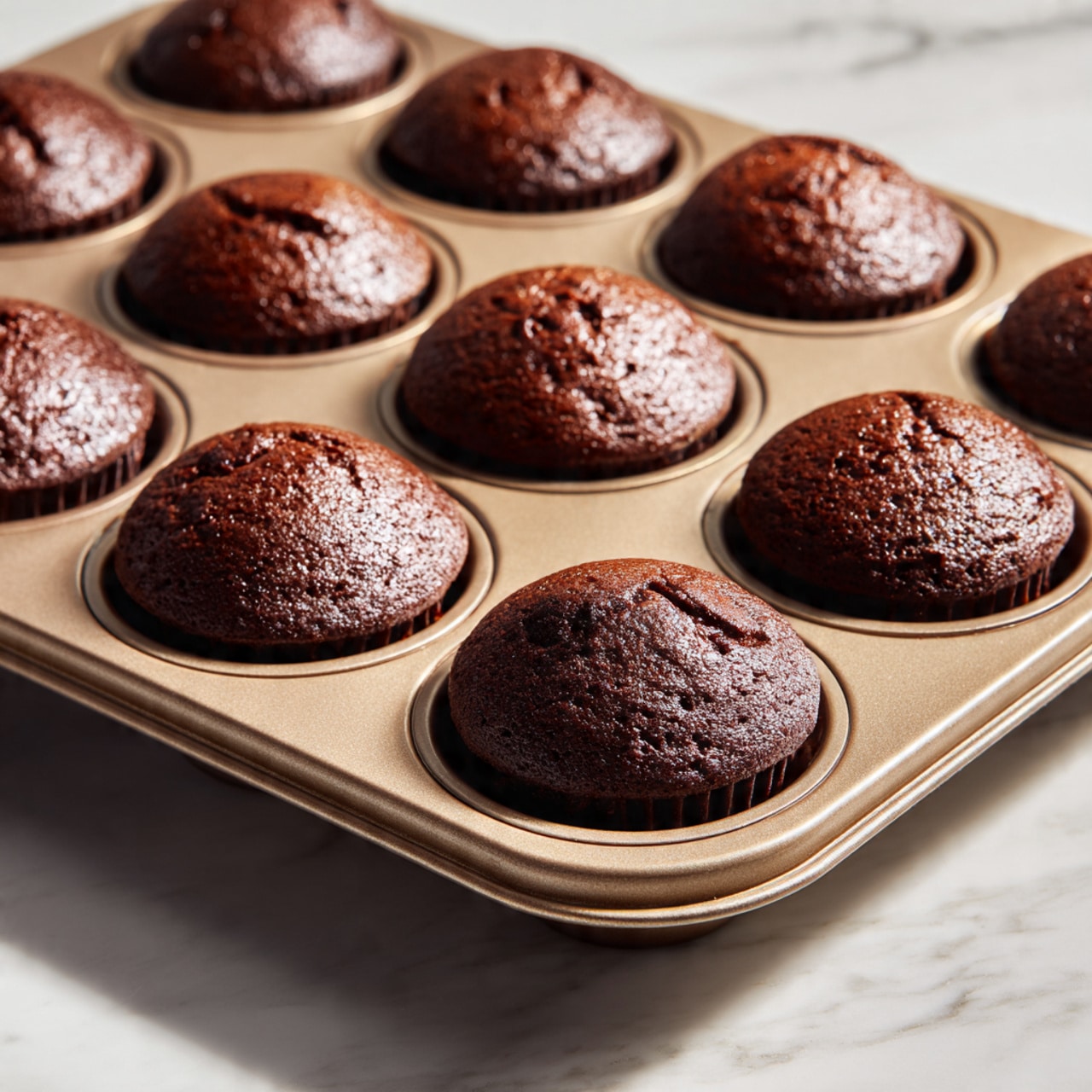 A tray holds 18 round, chocolate muffins, each with a slightly domed top and a shiny, cracked surface showing a moist texture. The muffins fill the individual holders of a metal baking tray that has a light brown color with a smooth, matte finish. The tray is placed on a white marbled surface, with the muffins evenly spaced except for one slightly overflowing near the bottom right corner. The lighting emphasizes the deep brown color and subtle texture of the muffin tops. photo taken with an iphone --ar 4:5 --v 7