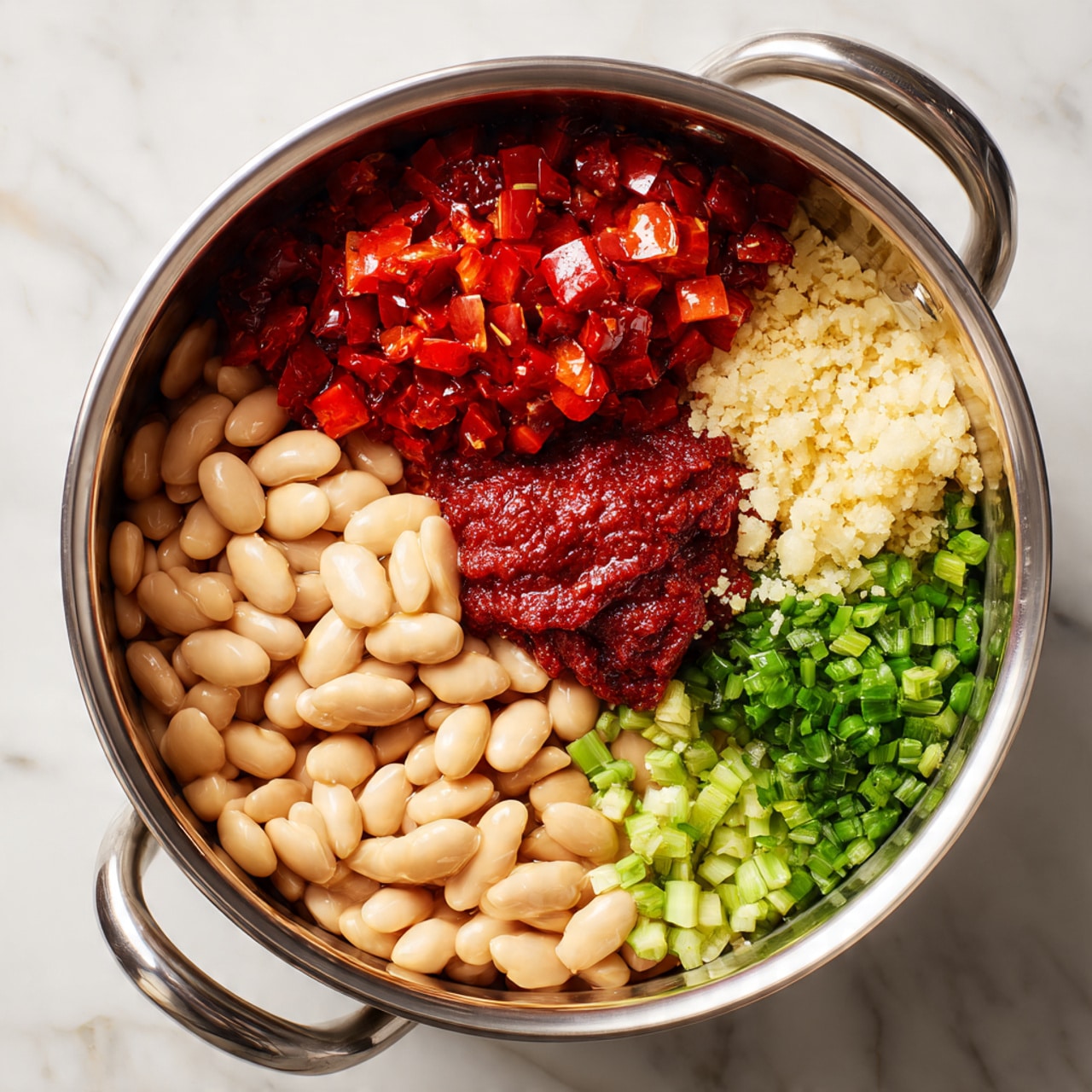 A large silver pot sits on a white marbled surface, filled with raw ingredients arranged in separate sections. In the top left is a pile of shiny, chopped red ingredients appearing soft and wet. Below it, large pale beige beans are stacked closely together, smooth and plump. To the right of the beans, deep red tomato paste with a thick texture fills a quarter of the pot. In the top right, bright green chopped vegetables with a crunchy look rest beside the paste. Small bits of minced garlic are scattered nearby. The pot has two handles on opposite sides, and the photo is taken from directly above. photo taken with an iphone --ar 4:5 --v 7