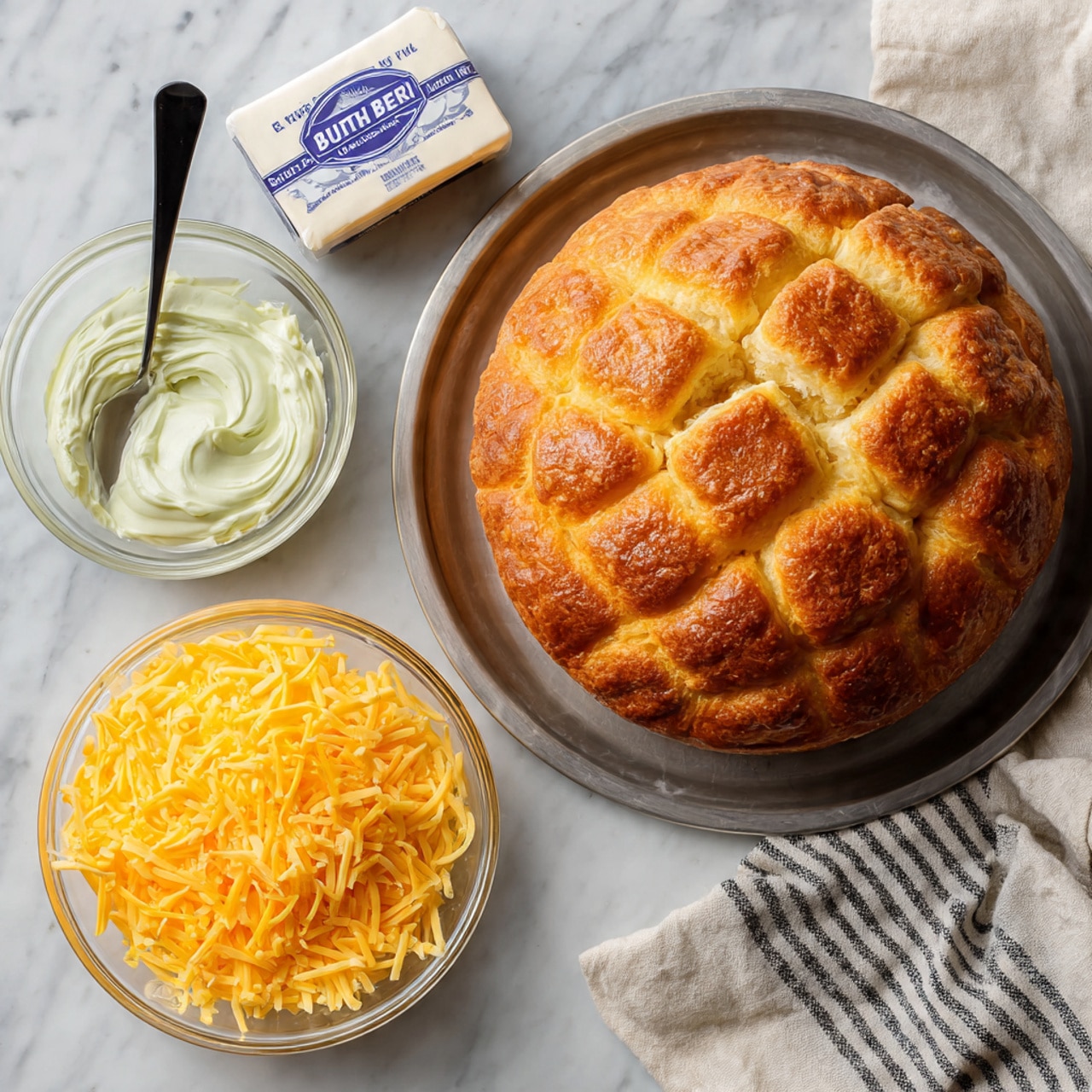 The image shows a round loaf of golden-brown bread with a crisp, textured crust sitting on a metal tray at the center. Above the bread is a small glass bowl with a light green creamy spread and a black spoon inside. To the left, there is a filled bowl of bright yellow shredded cheese. At the top of the image, a rectangular blue and white pack of unsalted butter is visible. On the lower right, there is a white plate holding several crispy bacon strips with a reddish-brown color. The surface underneath everything is a white marbled texture, and there is a striped cloth in the top right corner. photo taken with an iphone --ar 4:5 --v 7