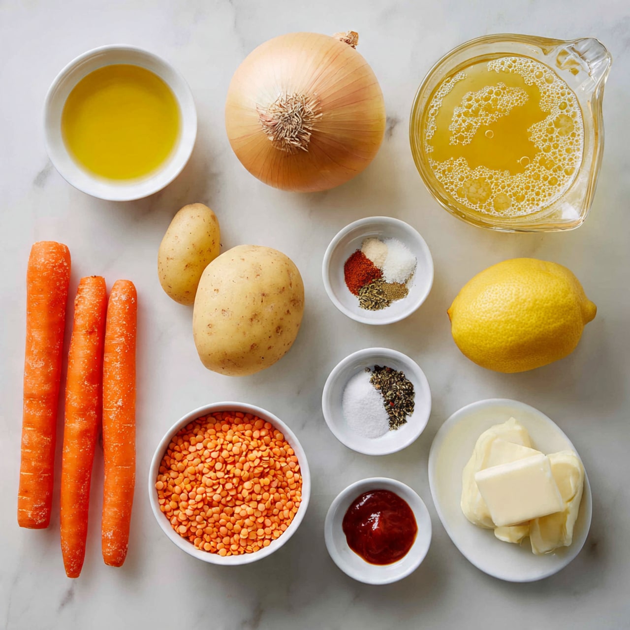 The image shows a group of ingredients arranged neatly on a white marbled surface. At the top left is a small white bowl filled with golden olive oil. Next to it on the right is a clear glass measuring cup with yellow vegetable broth inside, bubbles floating on top. Below the olive oil is a whole light brown onion with its root end showing. At the center left are bright orange carrots, two of them placed side by side. Below the onion and carrots is a small white bowl full of orange-red lentils. To its right is a smooth, light yellow Yukon Gold potato. Nearby are several small white bowls holding different spices: one with mixed white salt and black pepper, one with a brown spice, another with deep red Aleppo pepper, and a last one with thick, dark red tomato paste. A few slices of pale yellow butter sit in a white bowl near the potato. There is also a whole white garlic bulb and a bright yellow lemon adding more color variety to the scene. photo taken with an iphone --ar 4:5 --v 7