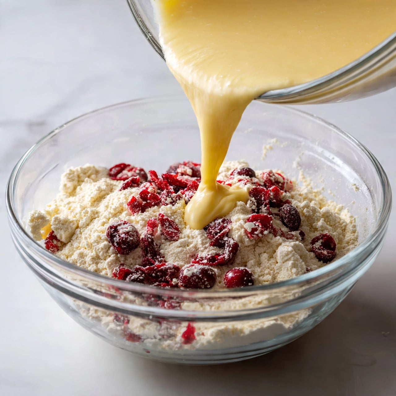 A clear glass bowl filled with a thick layer of white flour mixed with scattered whole red cranberries, showing rough and powdery texture. Above the bowl, creamy light yellow batter is being poured slowly from another glass bowl, creating a smooth flow over the dry ingredients. The scene is set on a white marbled surface that gives a soft, bright background to the mixing process. The image captures the moment of combining wet and dry parts in a clear and fresh way, focusing closely on the bowl's content. photo taken with an iphone --ar 4:5 --v 7