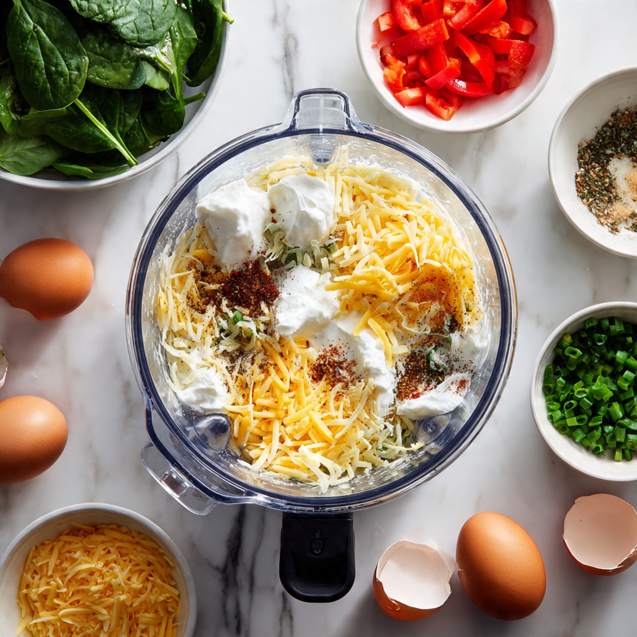 A clear blender container sits on a white marbled surface filled with four cracked yellow eggs, shredded light yellow cheese, white scoops of sour cream, black pepper, and brown seasoning, all mixed but not blended yet. Around the blender, a white bowl of fresh green spinach leaves is on the top left, a white bowl with chopped red bell peppers near the top center, and a small white bowl of chopped green chives to the right. At the bottom left, a white bowl holds more shredded yellow cheese. Several brown eggs and eggshells lie scattered around on the white marbled surface. Photo taken with an iphone --ar 4:5 --v 7