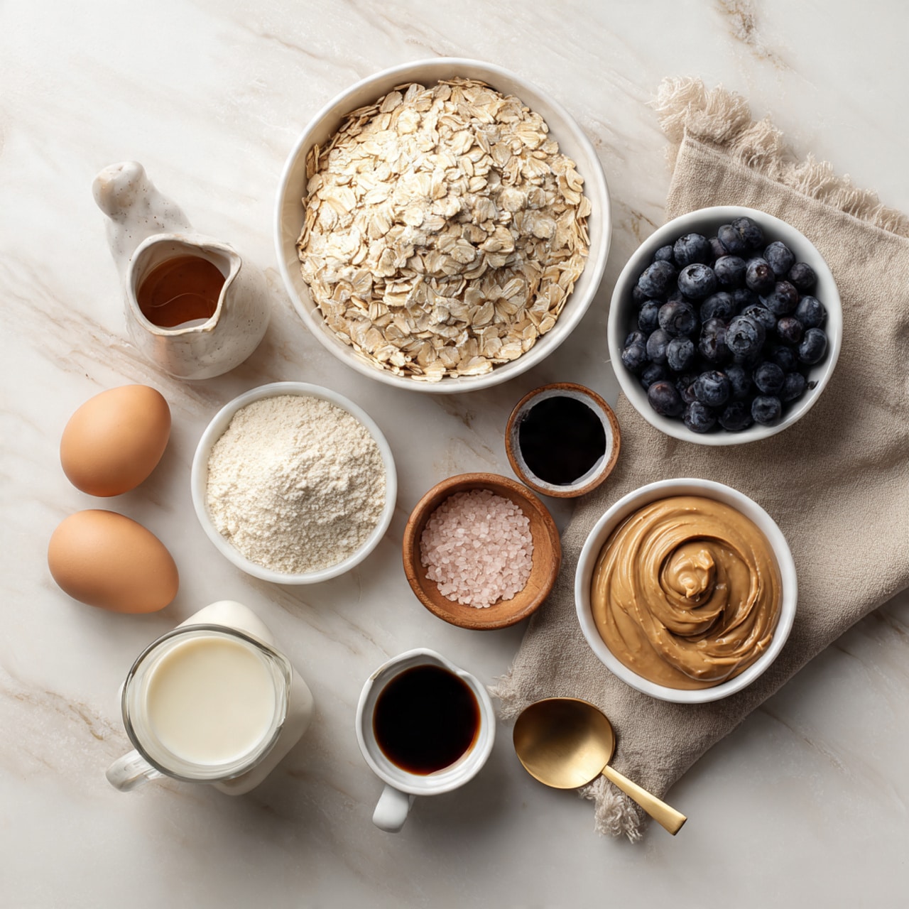 A top view of different ingredients arranged neatly on a white marbled surface with a beige cloth. On the top left, there is a large white bowl filled with light beige oats with a label on top. Next to it, on the right, a small white jug contains dark maple syrup. Below the syrup, a white bowl is full of dark blue blueberries. To the left of the blueberries, a small white bowl holds light beige vanilla protein powder. Under the protein powder, there is a round white dish holding two brown eggs. On the left side, a clear glass jug contains light almond milk. Below the jug, a white dish filled with smooth, light brown nut butter sits with a gold spoon handle visible. In front of the eggs, a small white cup has dark vanilla liquid inside. Next to the vanilla, a small wooden bowl shows pink salt. To the right of the salt, a small white bowl contains light cream-colored coconut oil. The labels are placed neatly on or near each ingredient. Photo taken with an iphone --ar 4:5 --v 7