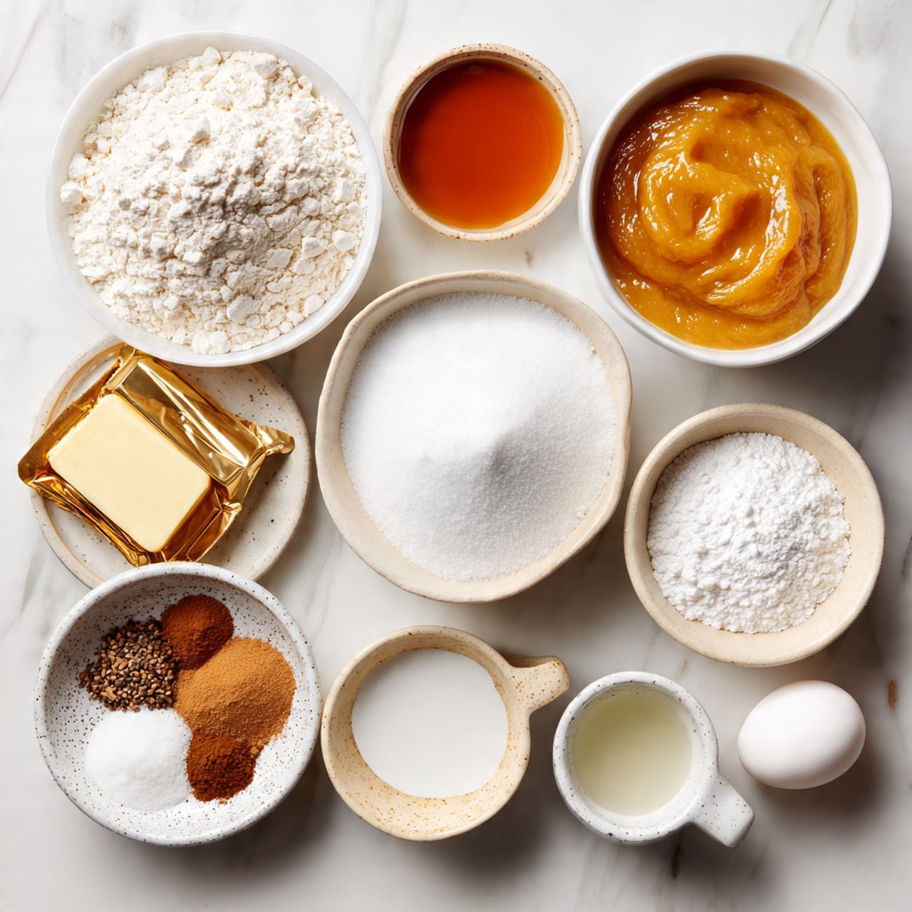 A white marbled surface holds several white bowls and a white plate with ingredients neatly arranged for baking. At the top left, a bowl filled with white flour shows a soft, powdery texture. Next to it on the right, a bowl contains a smooth amber liquid labeled maple syrup. To the right again, a bowl holds a thick yellow-orange apple sauce with a smooth surface. Below the flour, a gold-wrapped block of butter rests on the surface. In the middle, a bowl filled with fine white powdered sugar contrasts with a smooth white sugar bowl next to it. On the right side, a white speckled bowl contains white baking powder, baking soda, and salt with a fine texture. At the bottom left, a bowl holds brown dry spices labeled cinnamon, ground cloves, and allspice, with a slightly grainy texture. Near it, a small container has a pale almond milk liquid. Two white eggs lie near the bottom right, close to a small white cup with water inside. All items are evenly spaced and clearly visible. photo taken with an iphone --ar 4:5 --v 7
