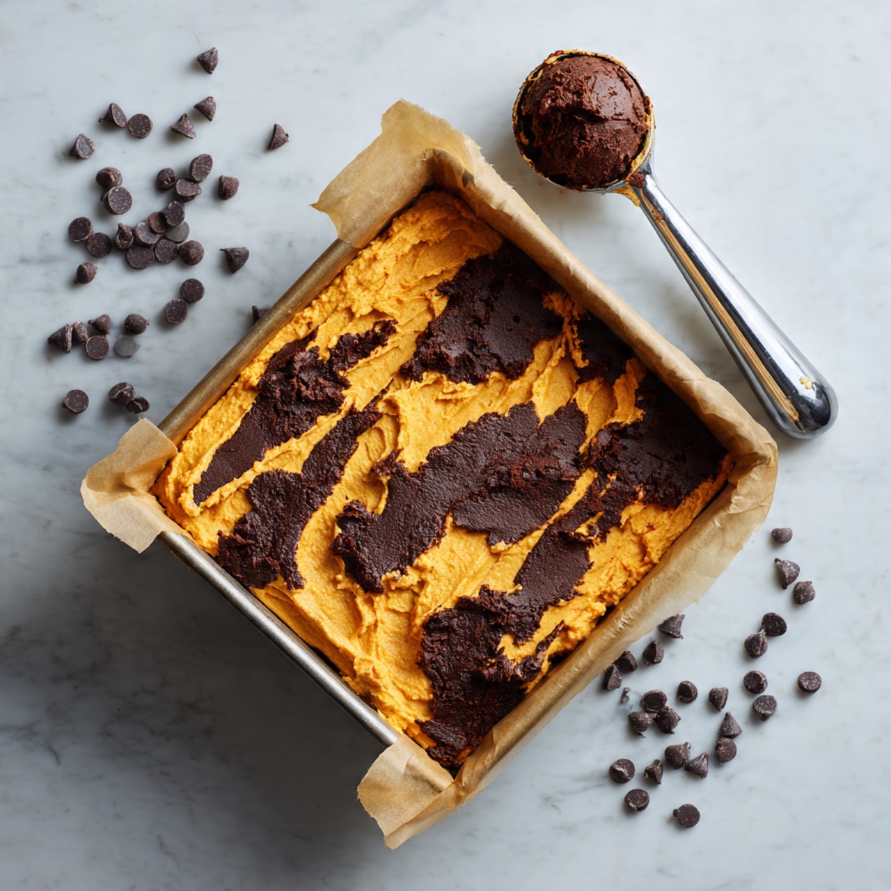 The image shows a square marbled cake with swirls of dark brown and orange across the top, creating a rough, textured look. A large dollop of thick, dark chocolate frosting sits on the center of the cake. The cake rests on a sheet of white parchment paper on a round cooling rack with silver metal wires. To the right of the cake is a knife with a wooden handle and a smear of chocolate on the blade. Surrounding the cake are three small beige bowls: one with a creamy, thick dark chocolate frosting, one with dark chocolate chips, and one with coarse white sea salt. The background is a white marbled texture with scattered dark chocolate chips. photo taken with an iphone --ar 4:5 --v 7
