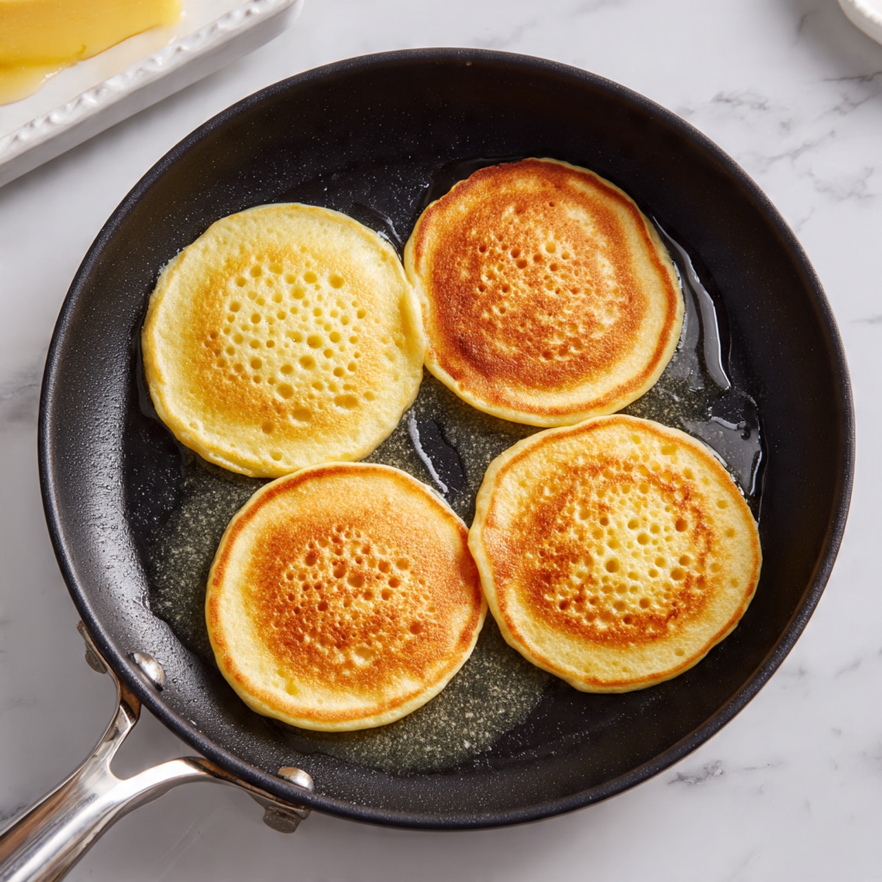 The image shows four small thick yellow pancakes cooking in a black frying pan with melted butter around them. Each pancake has tiny holes and slightly rough texture on the surface, arranged in two rows of two. The frying pan has a shiny metal handle and is placed on a white marbled surface. A corner of a white dish with a yellow custard-like dessert is seen in the background. Photo taken with an iphone --ar 4:5 --v 7