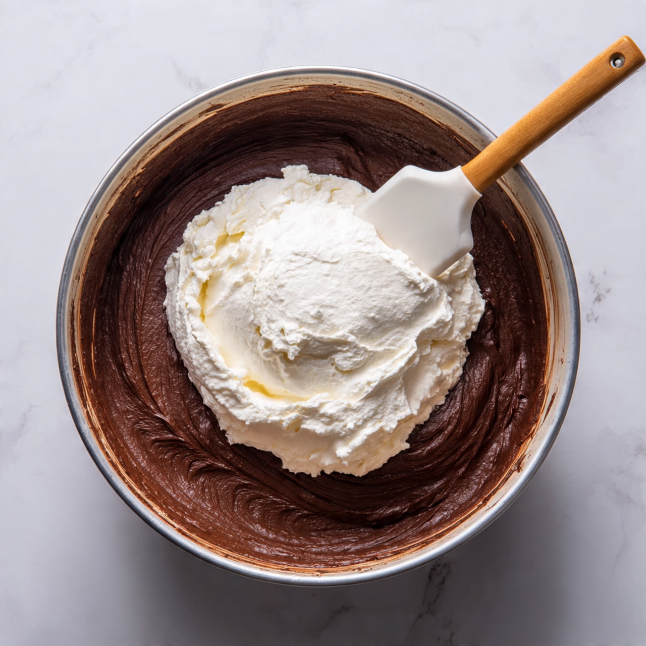 A large metal mixing bowl is shown from above, containing two layers of ingredients. The bottom layer is thick, dark brown chocolate batter spread evenly in a round shape inside the bowl, and on top of it, in the center, is a smaller mound of white whipped cream that looks soft and fluffy. A white spatula with a wooden handle is resting on the edge of the bowl, partially on the chocolate batter. The bowl sits on a white marbled surface. photo taken with an iphone --ar 4:5 --v 7
