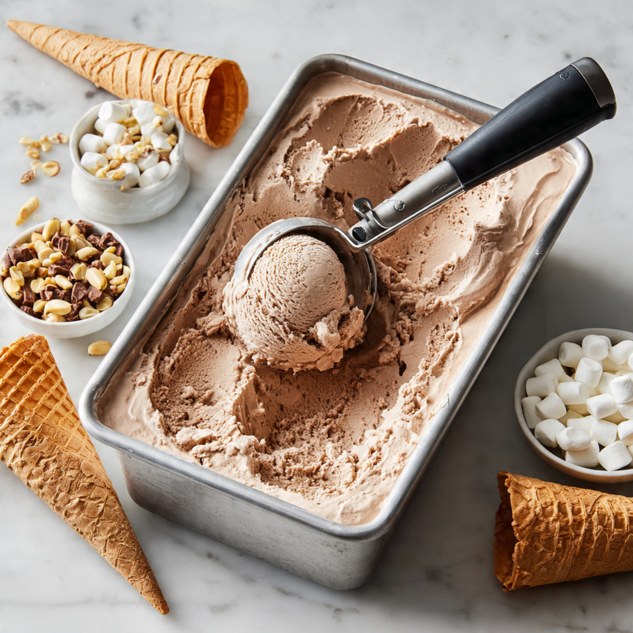 Rocky Road Ice Cream Recipe 5 A metal rectangular container filled with smooth, creamy light brown chocolate ice cream, showing a scoop taken from the middle with a black ice cream scoop resting inside, containing one round scoop of the same ice cream. Around the container, three stacked waffle cones and small white bowls with chopped nuts and mini marshmallows sit on a white marbled surface. Photo taken with an iphone --ar 4:5 --v 7