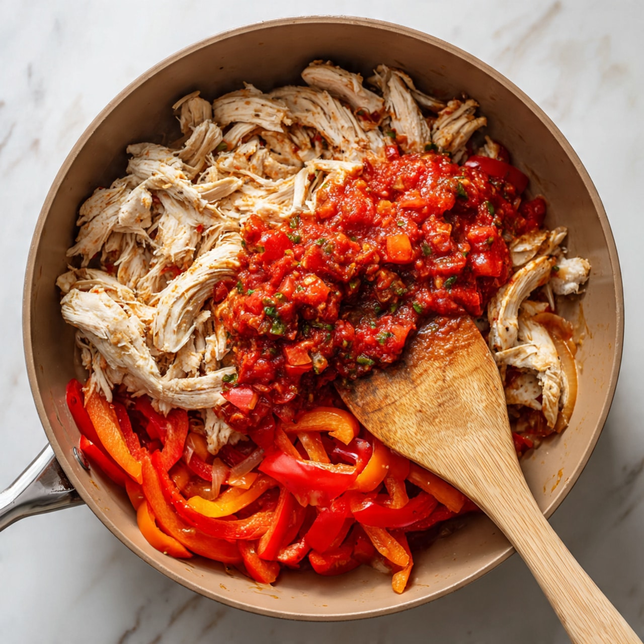 Inside a light brown pan placed on a white marbled surface, there are three main layers of food visible. The bottom layer consists of red and orange sliced bell peppers with some pieces of cooked onion, creating a vibrant base. On top of the peppers, there is a layer of shredded white chicken meat spread unevenly. The top layer shows a bright red chunky tomato sauce with visible bits of green herbs and peppers, covering part of the chicken. A wooden spatula with a light handle is placed inside the pan. Photo taken with an iphone --ar 4:5 --v 7