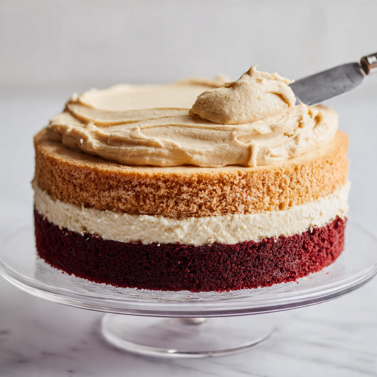 The image shows a two-layer cake on a clear glass stand with a white marbled surface underneath. The bottom layer is a deep red color with a rough texture, and on top of it is a thin layer of smooth white cream. The top layer is a light beige color and has a soft, creamy frosting being spread on it with a knife. The frosting is thick, smooth, and light tan in color, creating gentle swirls as it is spread. Photo taken with an iphone --ar 4:5 --v 7