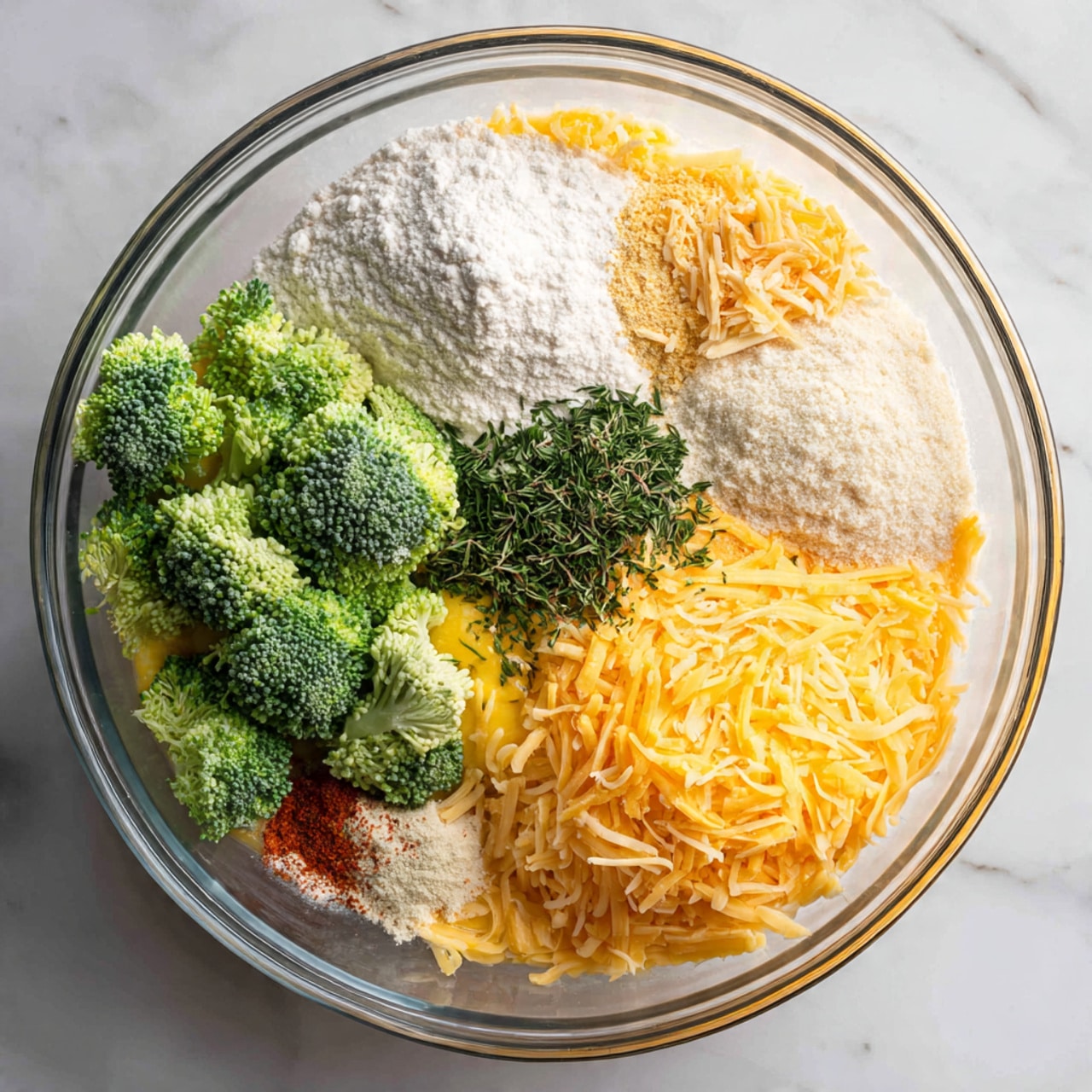A glass bowl sits on a white marbled surface, filled with separate layers of ingredients ready for mixing. In one section, bright green broccoli florets are visible, next to a pile of fine white flour. To the right, there are two types of shredded cheese: a larger heap of orange cheese and a smaller heap of white cheese. At the bottom left, a beaten yellow egg mixture partially covers some broccoli. Scattered near the center are small amounts of dried green herbs, light pink salt, pale garlic powder, and red paprika, all resting separately on top of the broccoli base. The clear glass bowl allows seeing all these colorful layers inside. photo taken with an iphone --ar 4:5 --v 7