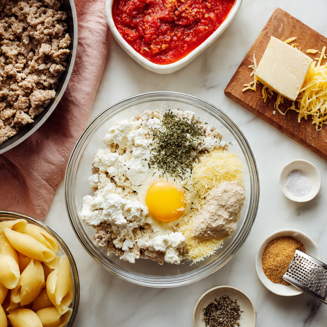 A clear glass bowl in the center holds a mix of white ricotta cheese layered with a yellow raw egg yolk on the right, dried green herbs on top near the egg, light beige grated cheese on the left side, and a small mound of light brown powdering seasoning in the bottom right corner, all on a white marbled surface. To the left of this bowl is another smaller clear glass bowl containing several large, pale yellow pasta shells. Above that is a dark frying pan filled with browned cooked ground meat, and a soft pink cloth is draped nearby. To the right, there is a white rectangular dish filled with smooth bright red tomato sauce and a wooden board holding a portion of light yellow grated cheese alongside a metal grater. Two small white dishes hold salt and cracked black pepper near the top right. The photo is taken with an iphone --ar 4:5 --v 7