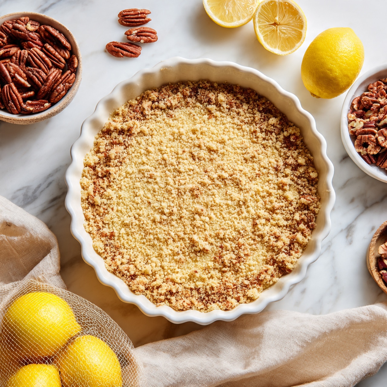 A single slice of lemon pie is shown on a white round plate, placed on a white marbled surface. The pie has three visible layers: a thick crumbly brown crust at the bottom with a rough texture, a smooth bright yellow lemon filling in the middle, and a fluffy white whipped cream topping sprinkled with small bits of lemon zest. A thin lemon wedge sits near the front edge of the plate, and in the blurred background, there is a white pie dish with more pie and another white plate with a lemon wedge. A yellow and white checkered cloth is partially visible in the lower right corner. Photo taken with an iphone --ar 4:5 --v 7