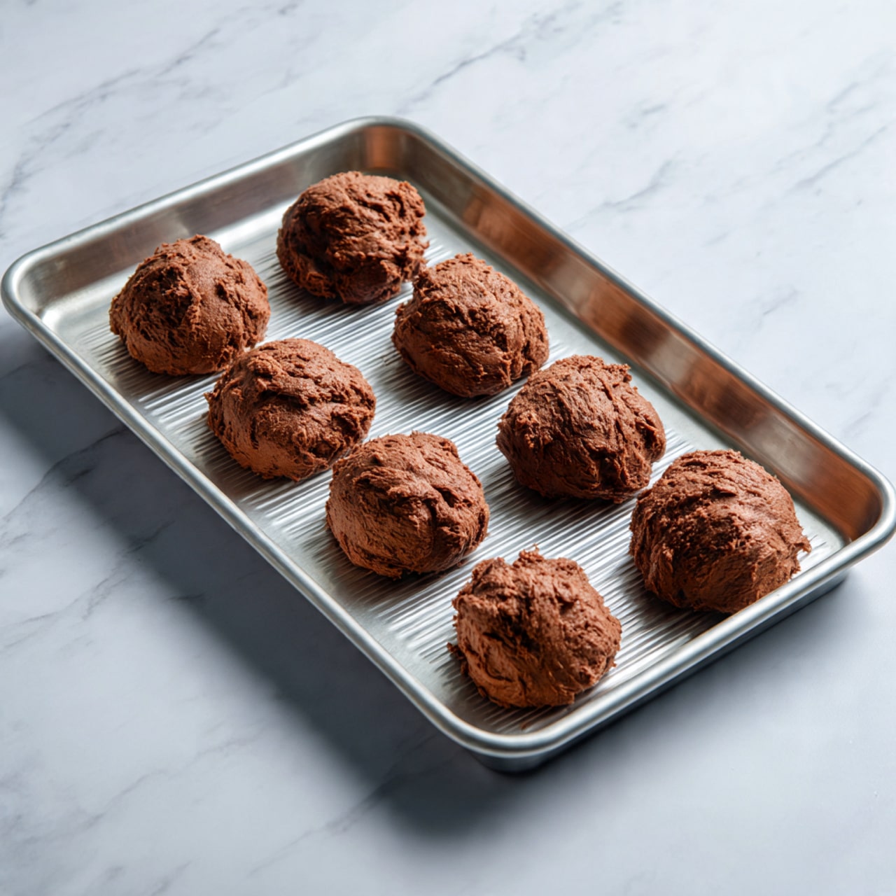 A shiny metal bowl holds three distinct layers: a smooth, thick yellow batter covering the bottom and right side, a pile of shredded white coconut sitting on the bottom right, and a heap of broken brown pecan pieces on the left side. The mixture is not yet combined, showing clear divisions of texture and color between the soft batter, stringy coconut, and chunky nuts. The bowl rests on a white marbled surface. Photo taken with an iphone --ar 4:5 --v 7