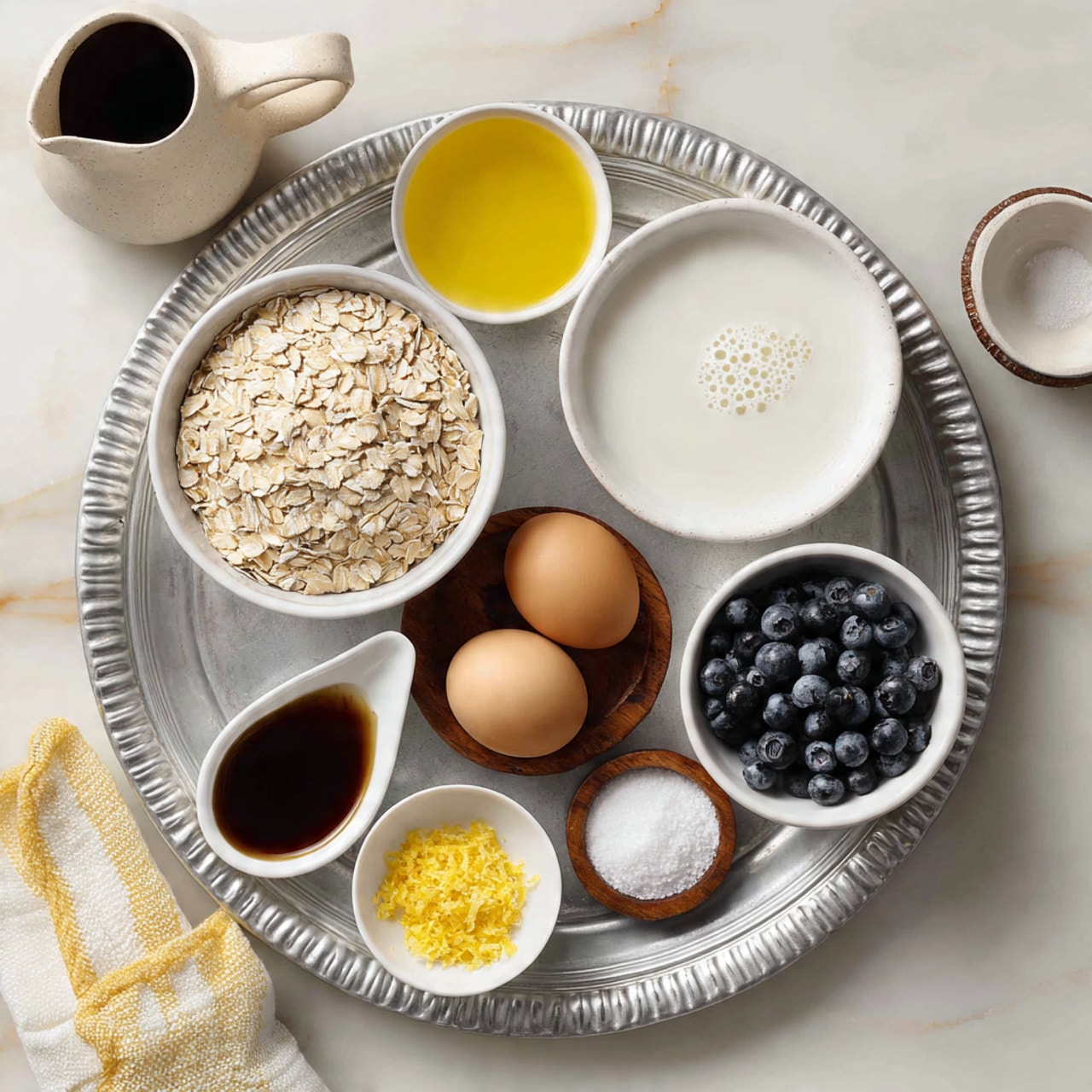 On a ridged silver tray, there are several small white bowls and dishes arranged neatly. From top left to bottom right, a large white bowl holds light beige rolled oats, a small white bowl with yellow liquid, likely oil, sits next to a medium white bowl filled with white milk showing some bubbles, and two brown eggs rest on a small round light brown wooden plate. Below the eggs, there's a small white dish with dark brown liquid, possibly vanilla or syrup. A small white dish with bright yellow lemon zest is placed near the center edge of the tray. To the right, a white bowl filled with round, plump dark blue blueberries, and above it, two small brown wooden bowls hold white granulated salt and white powder, likely baking soda or baking powder. Surrounding the tray is a white marbled surface, with a ceramic jug of dark brown liquid, a white cup of white liquid, and a woman’s hand with a white cloth with yellow edging visible in the corner. photo taken with an iphone --ar 4:5 --v 7