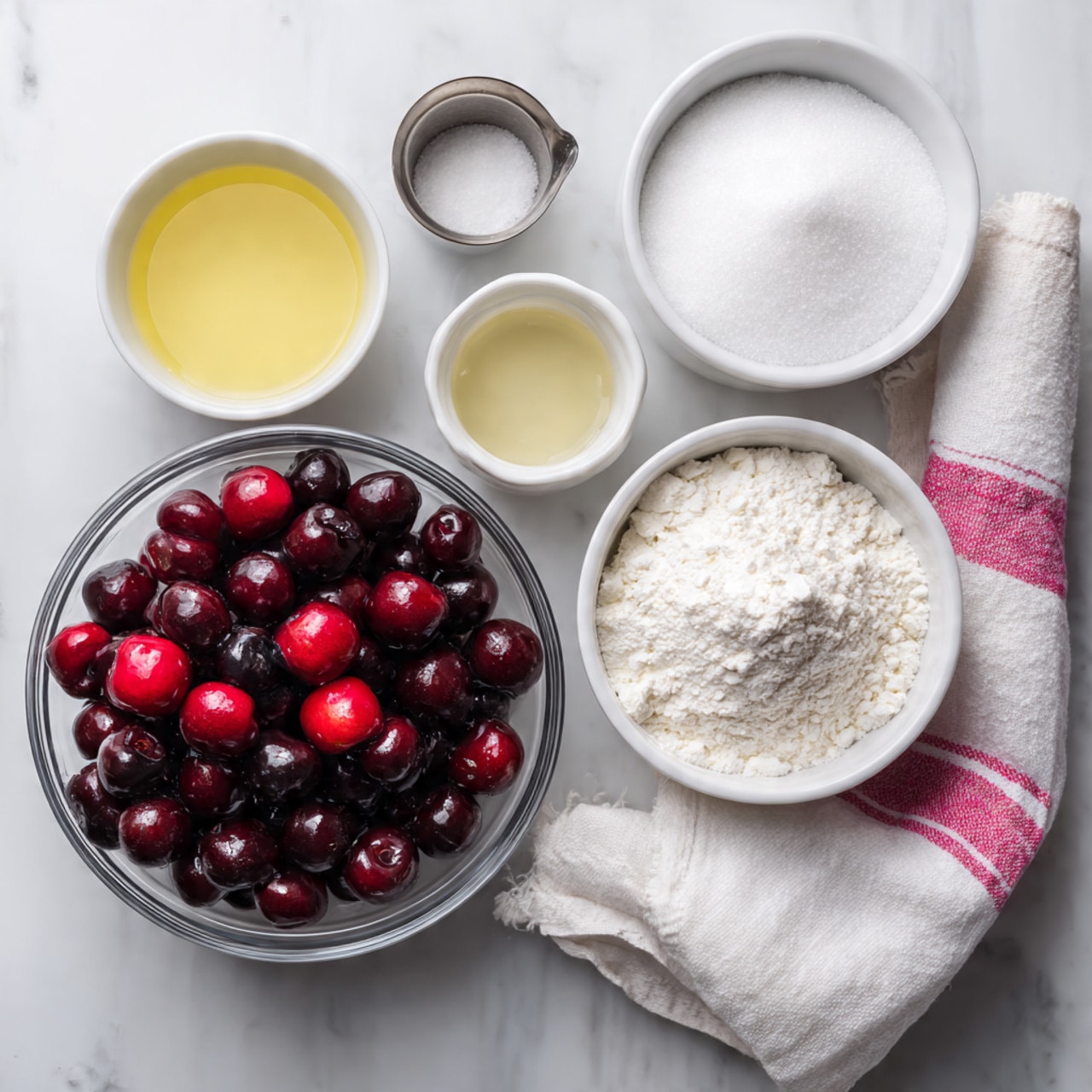 The image shows a top view of six separate containers placed on a white marbled surface. At the bottom center, there is a clear glass bowl filled with dark red and bright red cherries. Just above it, toward the right, is a white bowl filled with white granulated sugar. To the left of the sugar, a small silver metal cup contains a light yellow liquid. Above the metal cup, a white bowl holds a white powder, likely flour or cornstarch. In the top center, there is a clear glass measuring cup filled with water. Next to it on the right side, a white and pink striped towel rests on the surface. All the containers and items are evenly spaced with a clean, simple layout. Photo taken with an iphone --ar 4:5 --v 7