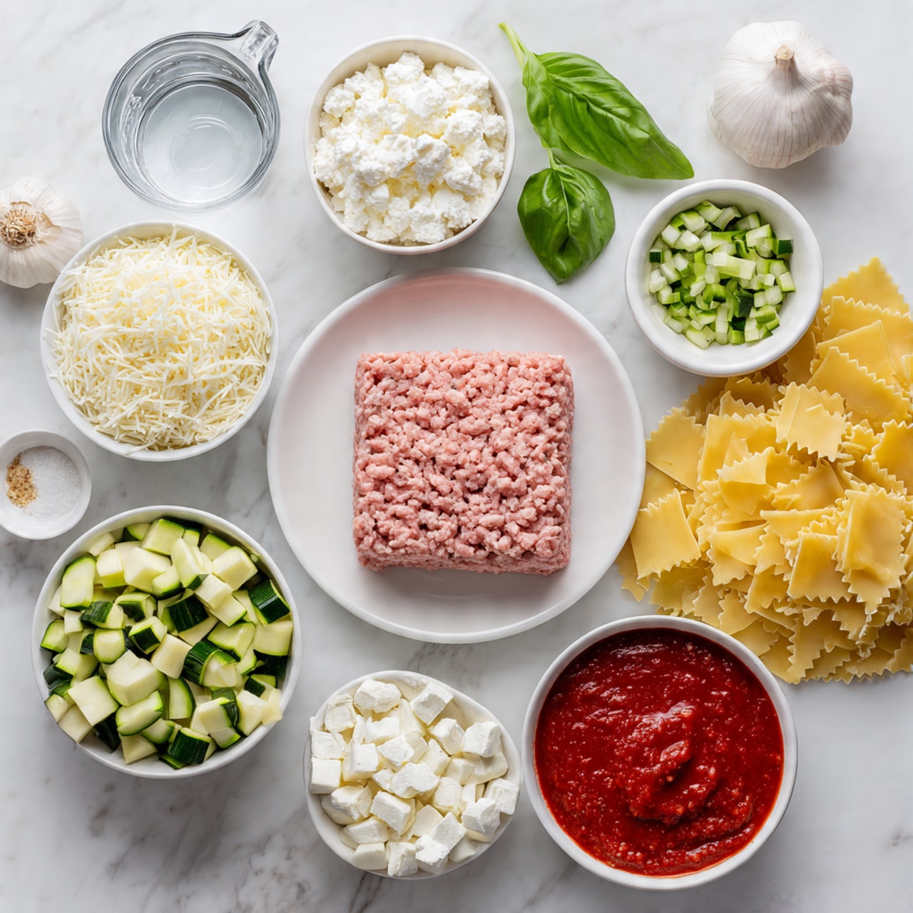 The image shows several bowls and plates with ingredients arranged neatly on a white marbled surface. At the center is a white plate holding a square sheet of pink ground turkey with visible texture. Around it are a bowl of white mozzarella cheese shreds, a bowl of small white curd cottage cheese, a bowl of green chopped zucchini with light green insides, a pile of yellow lasagna noodles with wavy edges on the right, and a white bowl filled with smooth red marinara sauce at the bottom. Also visible are small bowls containing minced garlic, white salt, and chopped white onions. A glass measuring cup filled with clear water sits on the left. Green basil leaves add a fresh touch near some bowls. The setup is bright and clean, showing each ingredient clearly with soft natural lighting. photo taken with an iphone --ar 4:5 --v 7