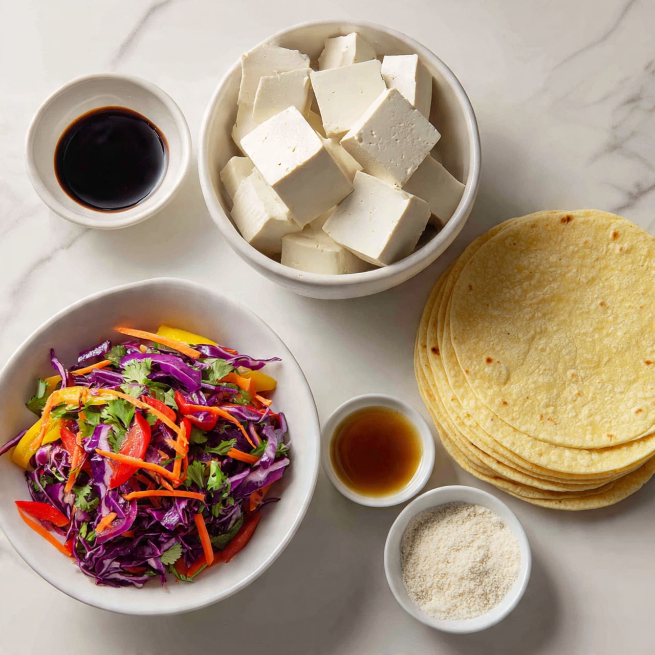 A white bowl filled with white, cube-shaped extra firm tofu sits at the top center of the image. To the right of the tofu bowl, there is a white stack of yellow corn tortillas with a rough texture. On the bottom left, a white bowl holds colorful Asian slaw made of shredded purple cabbage, carrots, and red bell pepper strips, mixed with green herbs. Below the tofu and tortillas, three small white dishes hold dark brown soy sauce, light brown sesame oil, and white garlic powder arranged from left to right on a white marbled surface. photo taken with an iphone --ar 4:5 --v 7