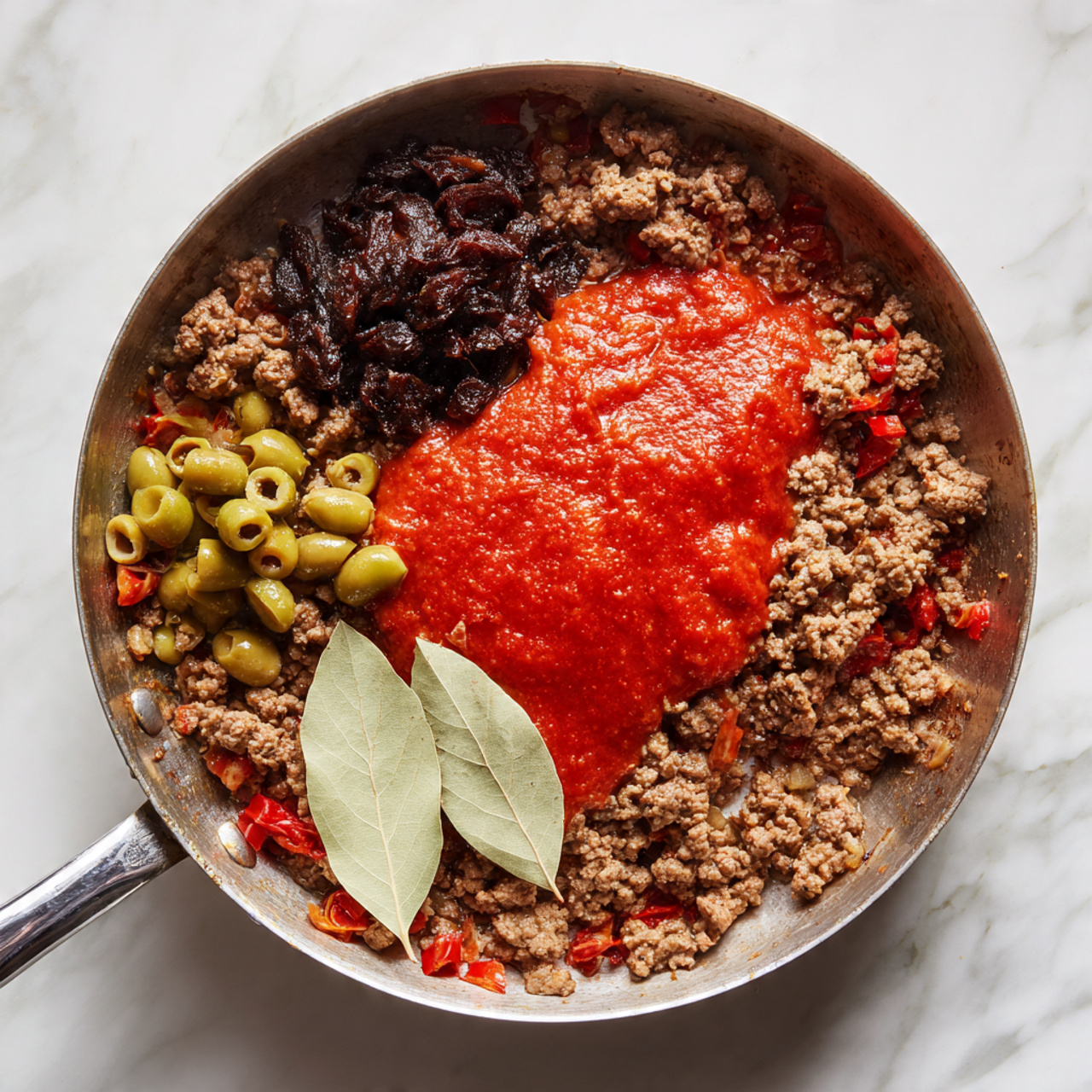 A silver pan sits on a white marbled surface filled with cooked ground meat mixed with small pieces of red bell pepper and onions, forming a textured brown and red base layer. On top of the meat mixture in the center, there is a smooth, bright red layer of tomato sauce. To the left of the tomato sauce, there are two smaller piles: one of dark brown raisins and one of sliced green olives with a glossy finish. Two large pale bay leaves rest on the meat near the bottom left side of the pan. The pan handle extends out to the left side. Photo taken with an iphone --ar 4:5 --v 7