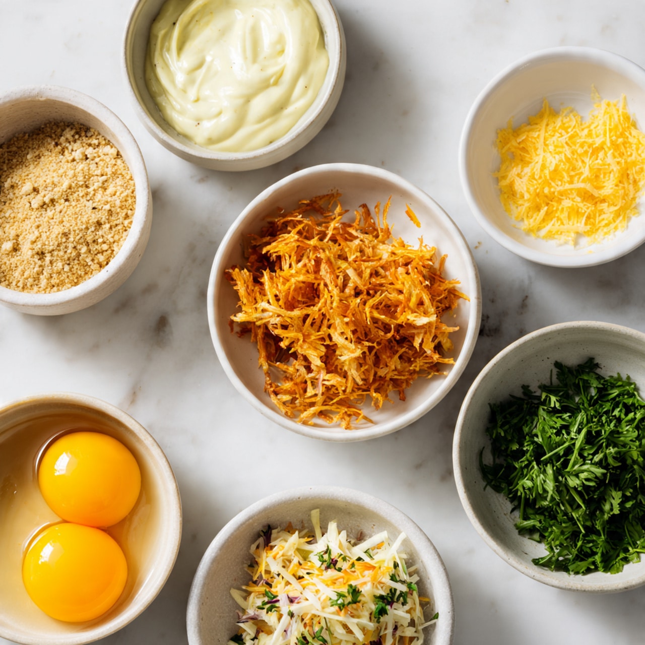 Six white bowls are arranged on a white marbled surface, each holding different ingredients. One bowl contains shredded orange meat with flecks of herbs. Another bowl nearby holds a mix of fine golden and white crumbs. A third bowl has bright green chopped herbs, and next to it is a bowl with two raw yellow eggs. Above these bowls are two small bowls, one filled with grated yellow zest and the other with a mix of creamy white sauce and mustard. The arrangement creates a colorful display of fresh ingredients photo taken with an iphone --ar 4:5 --v 7
