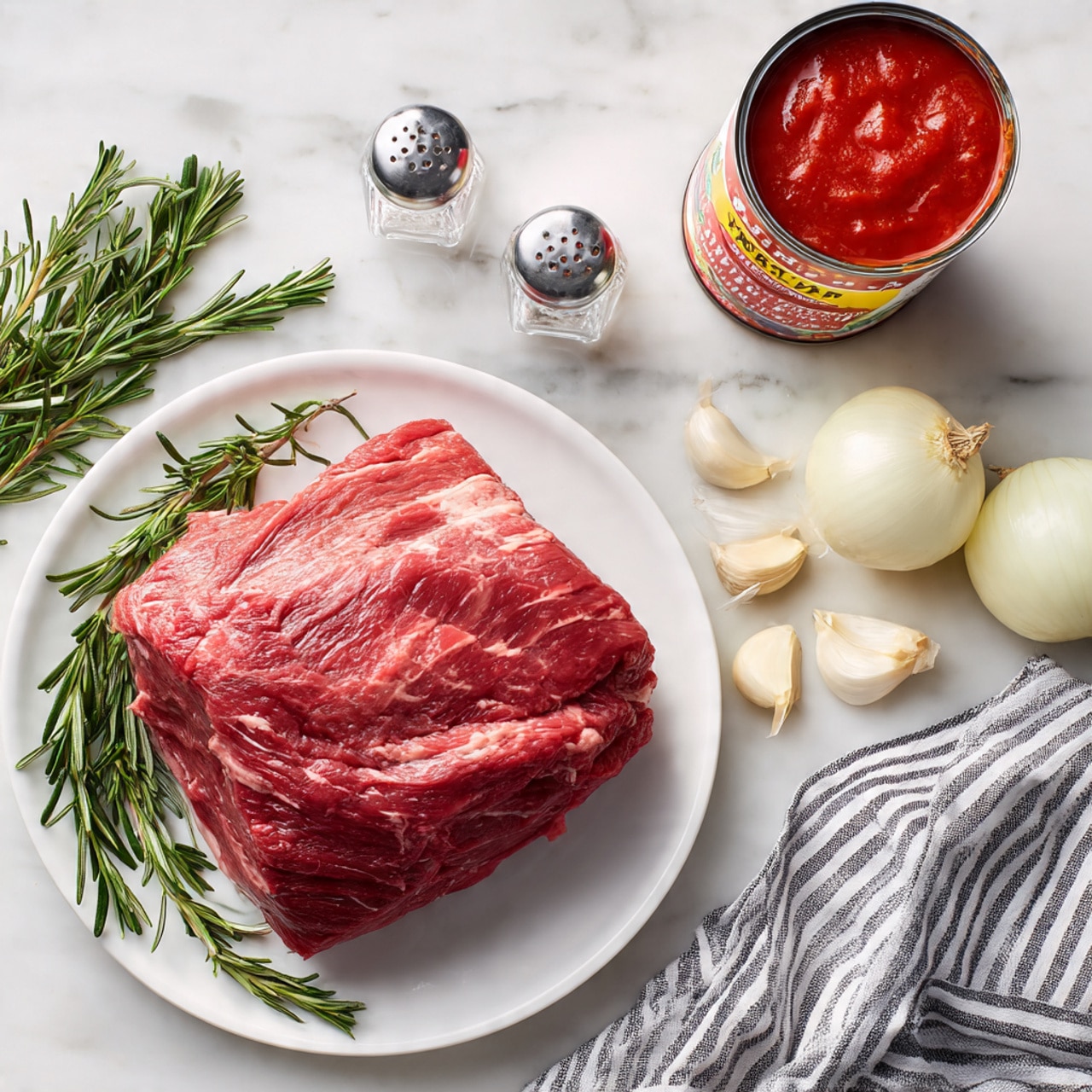 On a white marbled surface, a white plate holds a large raw beef roast with deep red color and white marbling, showing its tough texture. Around the plate are fresh rosemary sprigs with dark green, needle-like leaves, a tilted can of bright red San Marzano tomatoes with some sauce visible on its rim, three peeled garlic cloves in pale cream, and quartered white onion pieces showing smooth, layered texture. Two small clear shakers with salt and pepper sit nearby, and a folded cloth napkin with dark stripes lies near the bottom right corner. The scene is bright and clean. photo taken with an iphone --ar 4:5 --v 7