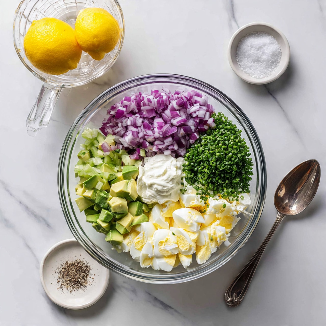 A clear glass bowl sits on a white marbled surface with several fresh ingredients layered inside. Starting on the left side, there are light green avocado cubes next to finely chopped red onions in a purple shade. On the top right side, there are dark green chopped herbs and chives. In the bottom right corner, there are yellow and white chopped boiled eggs. In the center of the bowl, a dollop of creamy white mayonnaise rests on top of the ingredients with a sprinkle of black pepper and white salt nearby. Next to the bowl on the surface is a small white bowl filled with salt and pepper, and a silver spoon is placed to the right of the glass bowl. Above, a clear glass lemon juicer holds half a bright yellow lemon. photo taken with an iphone --ar 4:5 --v 7