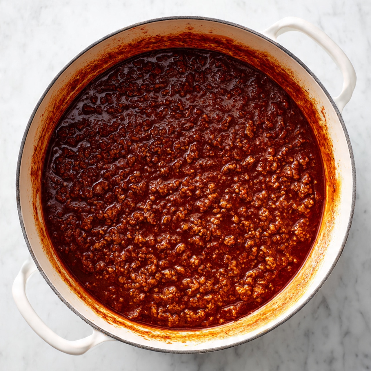 A large white pot filled with a thick layer of dark brown meat sauce, showing a slightly oily texture with visible small pieces of ground meat throughout. The sauce covers the entire base of the pot in one even layer with a rich glossy surface, and the inside edges of the pot are lightly stained with reddish-brown sauce marks. The pot rests on a white marbled surface. photo taken with an iphone --ar 4:5 --v 7
