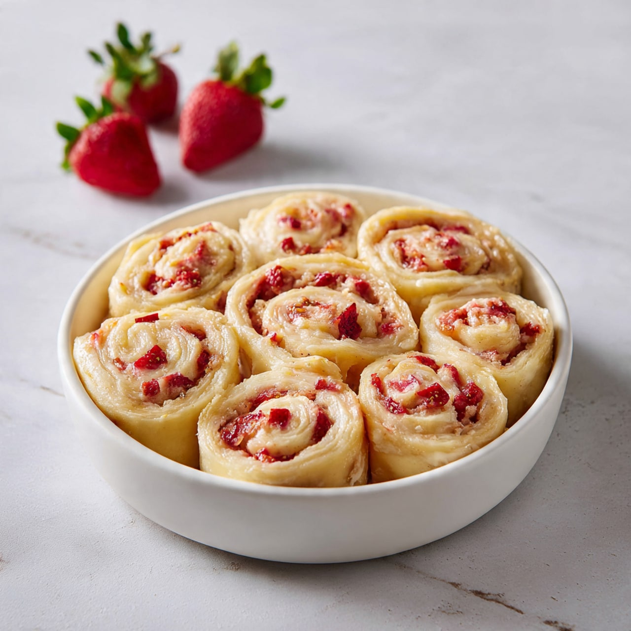 A close-up shows a round white dish filled with seven golden-brown swirled rolls, each containing visible pieces of red strawberries inside the spirals. A woman's hand is pouring a smooth, thick white glaze over the rolls from a small white pitcher, with the glaze gently flowing over the warm rolls. The dish sits on a white marbled surface, and the rolls appear soft and fluffy with slightly crispy edges around the top. Photo taken with an iphone --ar 4:5 --v 7