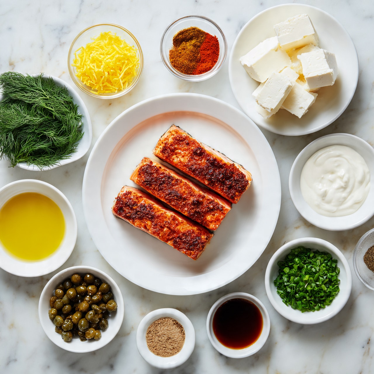 A white plate in the center holds thinly sliced cooked salmon with a reddish-brown crust. Surrounding the plate are small white bowls arranged in a circle on a white marbled surface. Starting from top right and moving clockwise, there is a bowl with two blocks of cream cheese, a bowl with bright yellow lemon zest, a bowl with three small piles of spices in brown, red, and orange shades, a bowl with chopped fresh green dill, a bowl of white sour cream with a smooth texture, a bowl of light brown mustard, a bowl of dark brown liquid (likely soy sauce), a bowl of golden olive oil, a bowl of chopped green chives, and a bowl of dark green capers. The image is bright and clear with a clean, neat look photo taken with an iphone --ar 4:5 --v 7