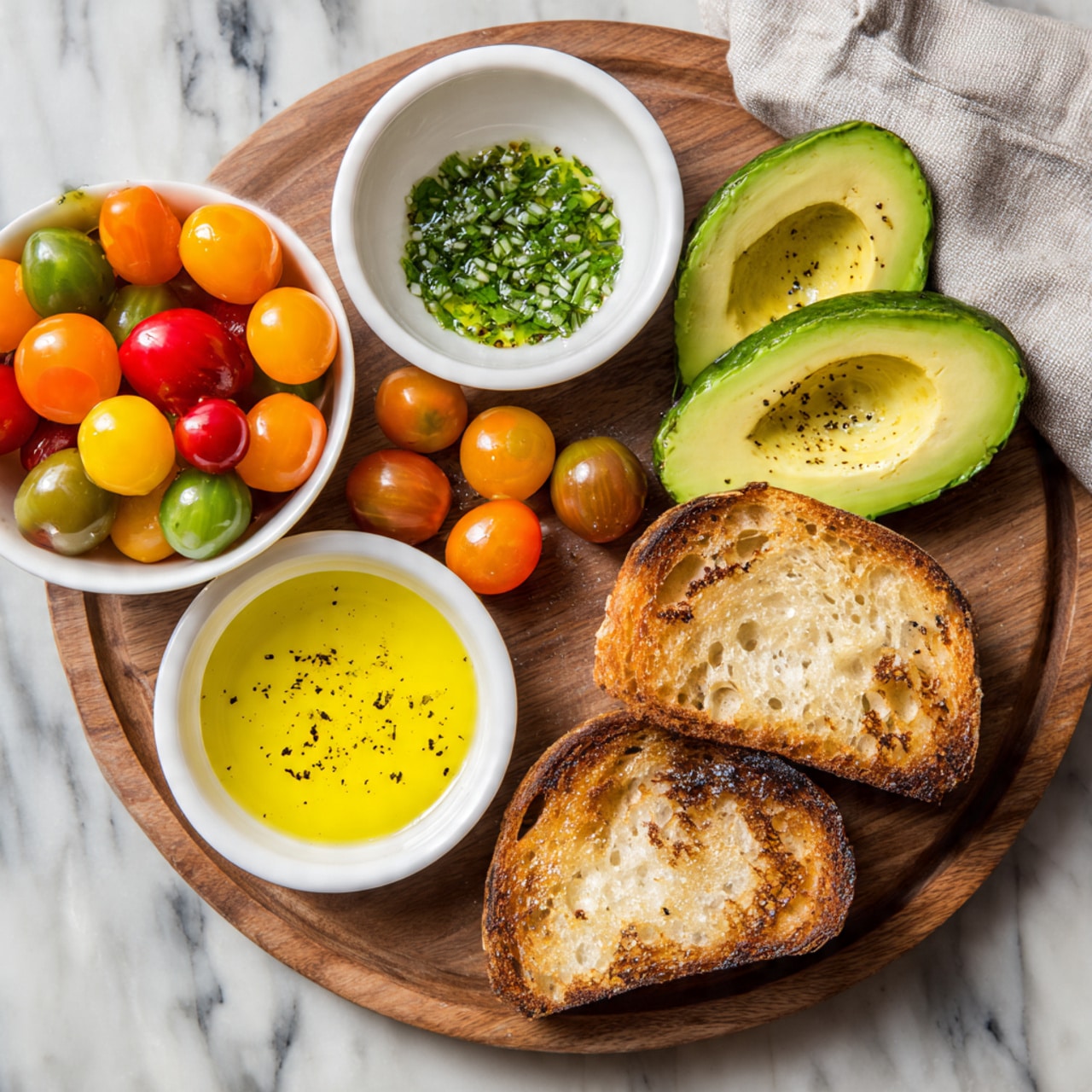 A white round dish filled with one layer of colorful cherry tomatoes in red, yellow, orange, and green shades. The tomatoes have a fresh, shiny look with a light sprinkling of salt or seasoning. Some small green herb sprigs are scattered among the tomatoes, adding a touch of green. The dish sits on a white marbled surface with a textured light beige cloth placed to the right side. Photo taken with an iphone --ar 4:5 --v 7