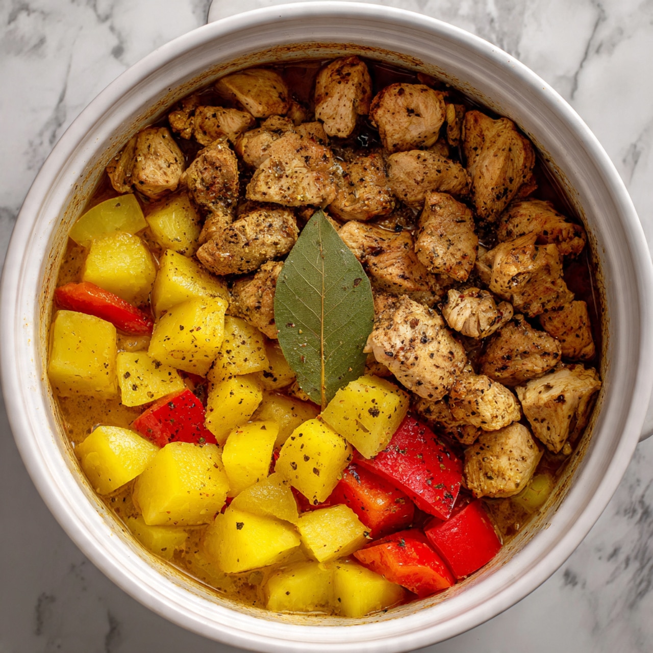 A white pot filled with a stew showing three main layers: the bottom layer is a light brown sauce with visible spices and a green bay leaf; the middle layer contains diced vegetables including yellow potato chunks and red bell pepper pieces; the top layer is made of browned, cooked chicken pieces seasoned with black pepper scattered evenly. The pot is placed on a white marbled surface photo taken with an iphone --ar 4:5 --v 7