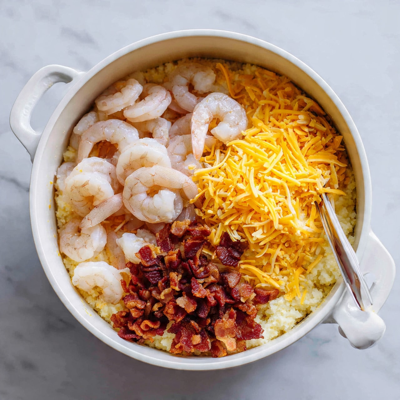 A white pot sits on a white marbled surface, filled with three main layers: on the left side, there is a pile of light pink raw shrimp; on the right side, a small heap of crispy brown bacon pieces; and on top, covering part of the shrimp and bacon, a mound of shredded yellow cheese. A white spoon is resting inside the pot on the right edge. photo taken with an iphone --ar 4:5 --v 7