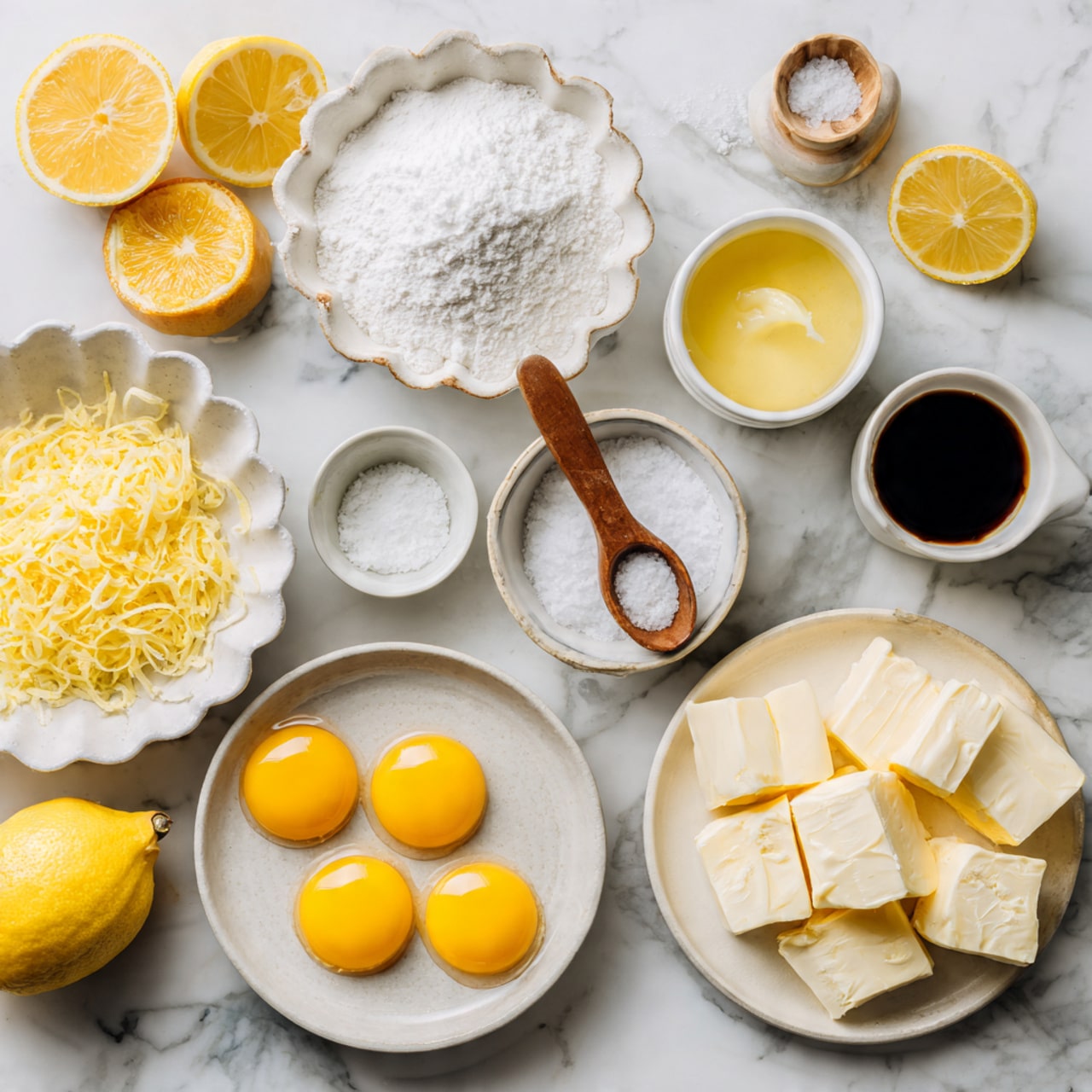 A clear glass jar filled with thick, smooth yellow lemon curd sits on a small round white marble plate. A wooden spoon, covered in the lemon curd, is held above the jar, with some curd dripping back into it. Two halves of a yellow lemon are placed on the white marbled surface near the jar, and another jar filled with lemon curd is blurred in the background along with soft green foliage. The jar is tied near the top with a white string bow. Photo taken with an iphone --ar 4:5 --v 7