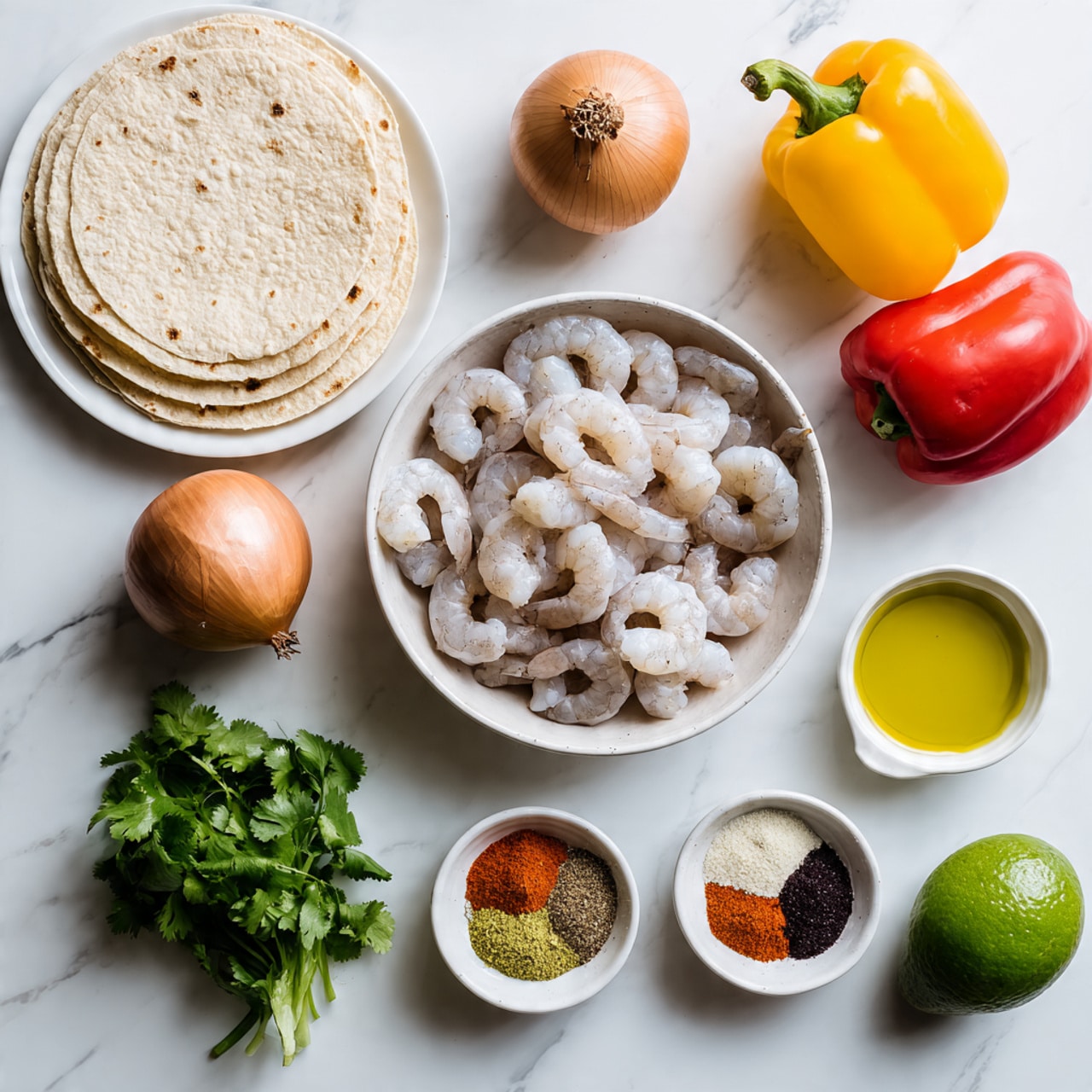 A top-down view of raw shrimp in a clear bowl placed center on a white marbled surface. To the top left, a white plate holds a stack of beige tortillas. Above the shrimp and slightly right, a brown onion, a red bell pepper, and a yellow bell pepper are arranged in a loose triangle. Below the shrimp, a small white bowl contains mixed fajita seasoning with distinct piles of red, black, green, brown, and beige spices. To the bottom left, fresh green cilantro sprigs lie next to the seasoning bowl. To the right side, two limes sit above a dark green avocado near the bottom. A small white cup of olive oil sits near the tortillas on the left side. All ingredients are spaced evenly on the clean white marbled surface photo taken with an iphone --ar 4:5 --v 7