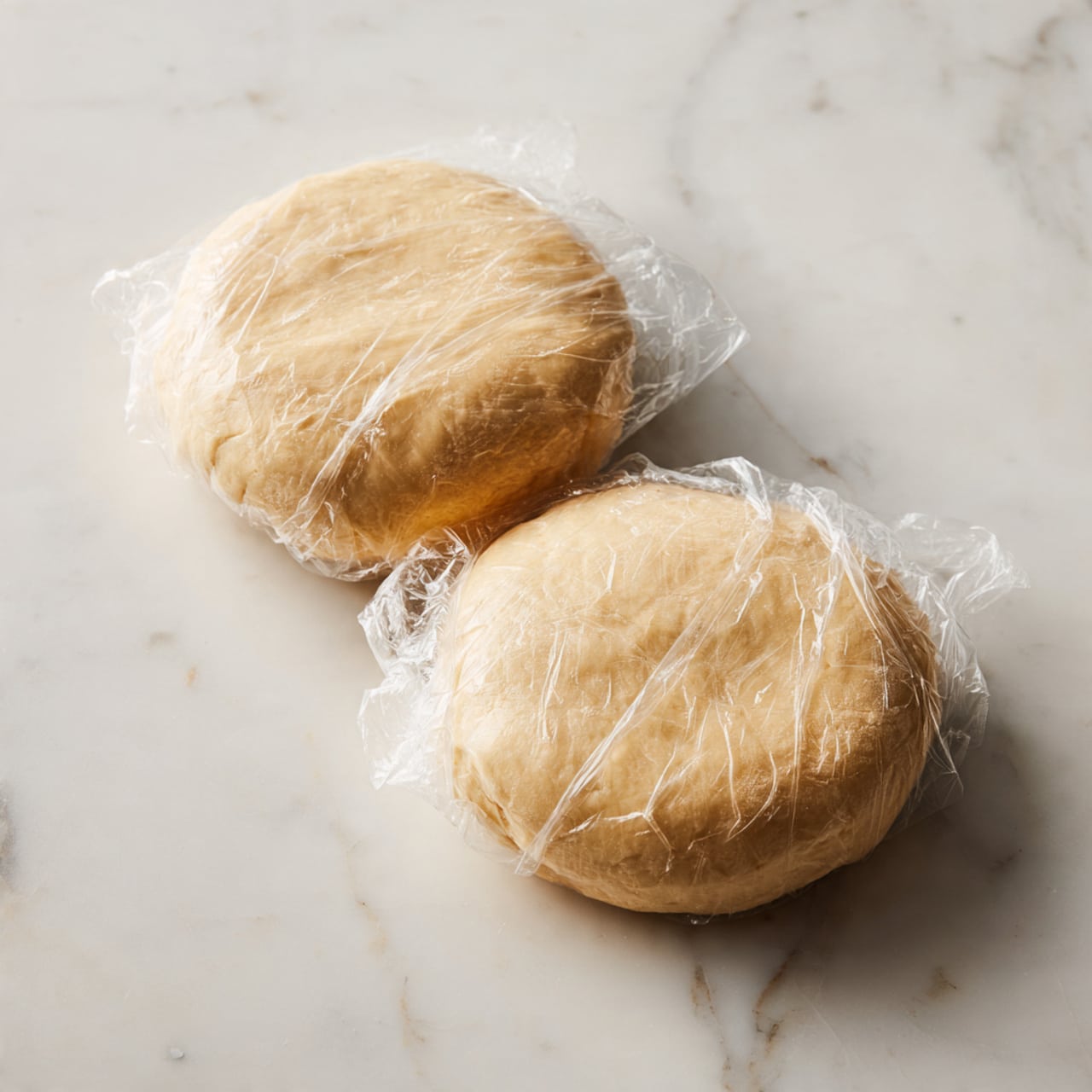 Two round dough discs wrapped in clear plastic wrap sit on a white marbled surface. Each disc is smooth, light brown with slight variations in shade, and roughly the same size. The plastic wrap clings tightly to the dough, showing small wrinkles and reflections. The discs are positioned with one slightly to the upper right and the other in the lower left, with space between them. The scene is simple and clean, focusing on the dough shapes and textures. photo taken with an iphone --ar 4:5 --v 7