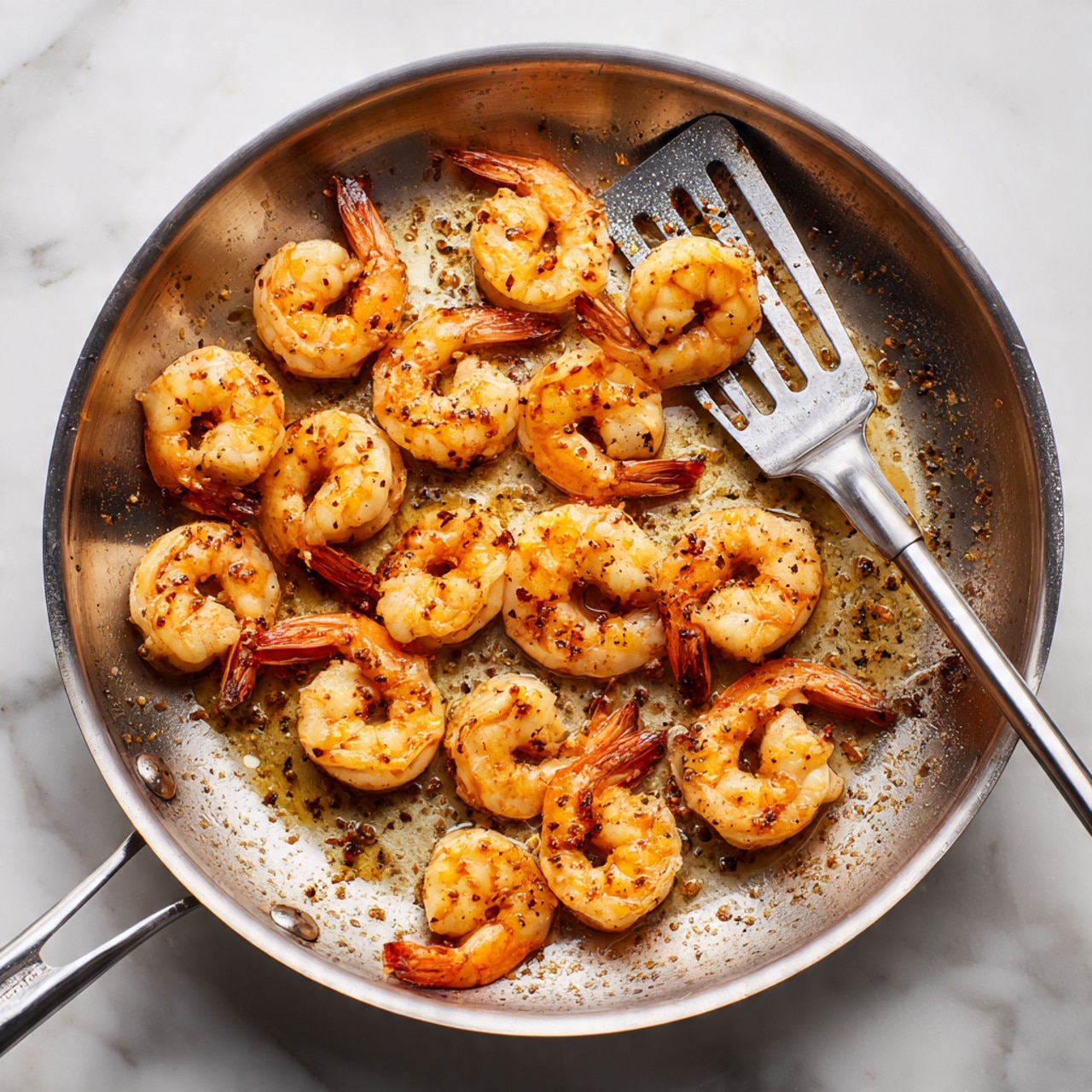 A shiny metal frying pan filled with one layer of cooked shrimp, each shrimp curled with a light orange color and some spices showing as small dark specks on their surface. The shrimp are placed randomly but evenly around the pan, which has brown cooked bits and oil stains scattered inside. A metal slotted spatula rests inside the pan on the right side, slightly lifting one shrimp, showing its textured body with firm, cooked edges. The pan sits on a white marbled surface, giving a clean and bright background. photo taken with an iphone --ar 4:5 --v 7