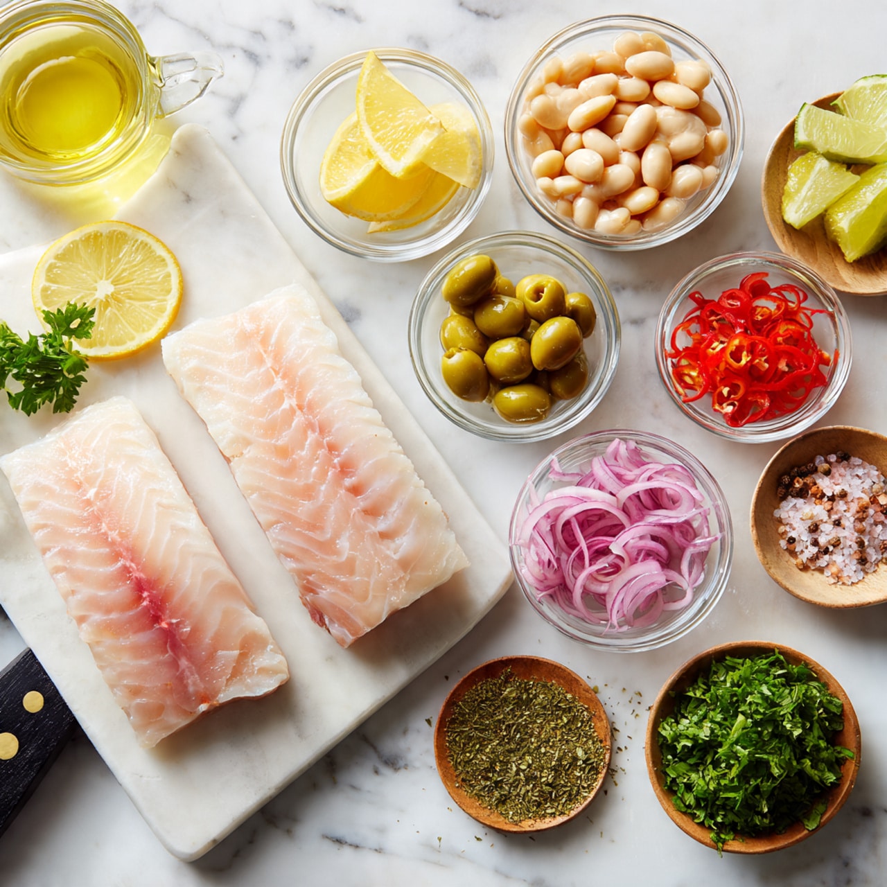 The image shows a white marbled surface with ingredients arranged neatly. At the bottom, two raw fish fillets with light pink and white tones lie on a white cutting board with black edges. Above the fish, there are several small clear bowls containing various ingredients: thin pale yellow lemon slices, pale beige cannellini beans, shiny green olive halves, thinly sliced pink shallots, bright red chile slices, and finely chopped bright green parsley. There is also a small bowl with green dried oregano, and another with a mix of pink salt and black pepper. A cup of light yellow dry white wine and a bowl of clear golden olive oil are positioned near the top left. photo taken with an iphone --ar 4:5 --v 7