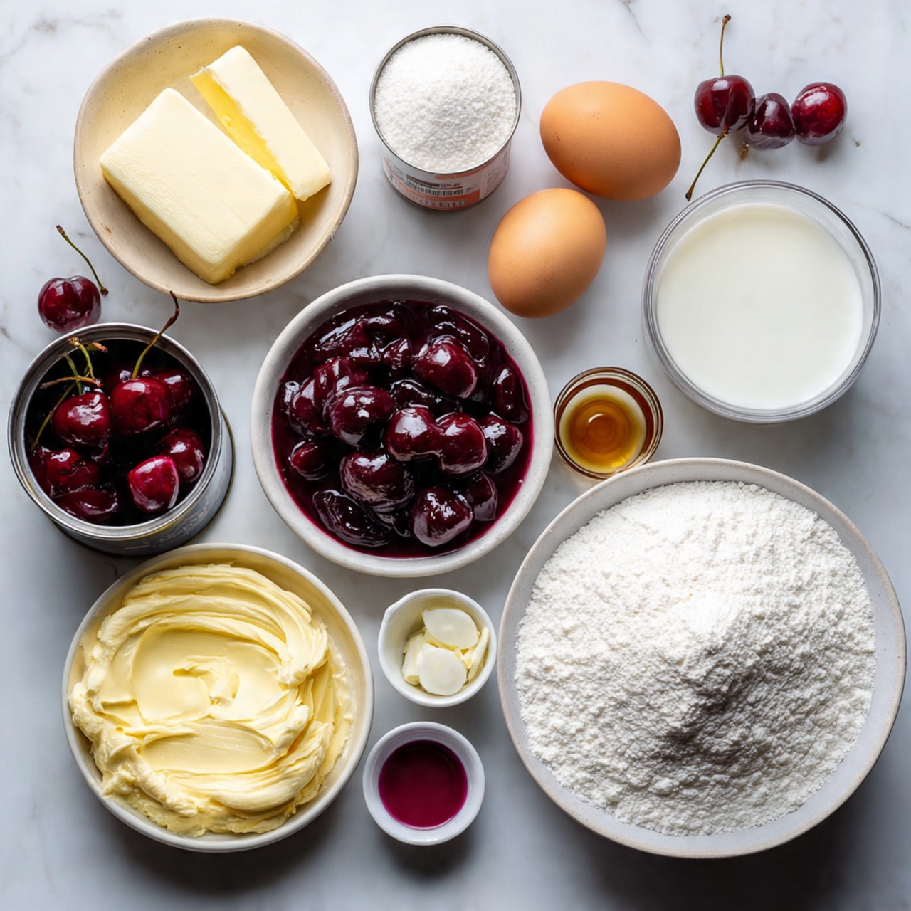 A slice of cherry cake on a white plate with a silver fork in front. The slice has three main layers: the bottom layer is light pink cake with visible small berry pieces, the middle layer is a thin white creamy layer, and the top layer is covered in bright red cherry topping with whole cherries and shiny red glaze. There is a white whipped cream decoration on the edge of the slice. In the background, a white ramekin filled with cherries and another slice of the same cake on a white plate are visible on a white marbled surface with a red and white checkered cloth. photo taken with an iphone --ar 4:5 --v 7