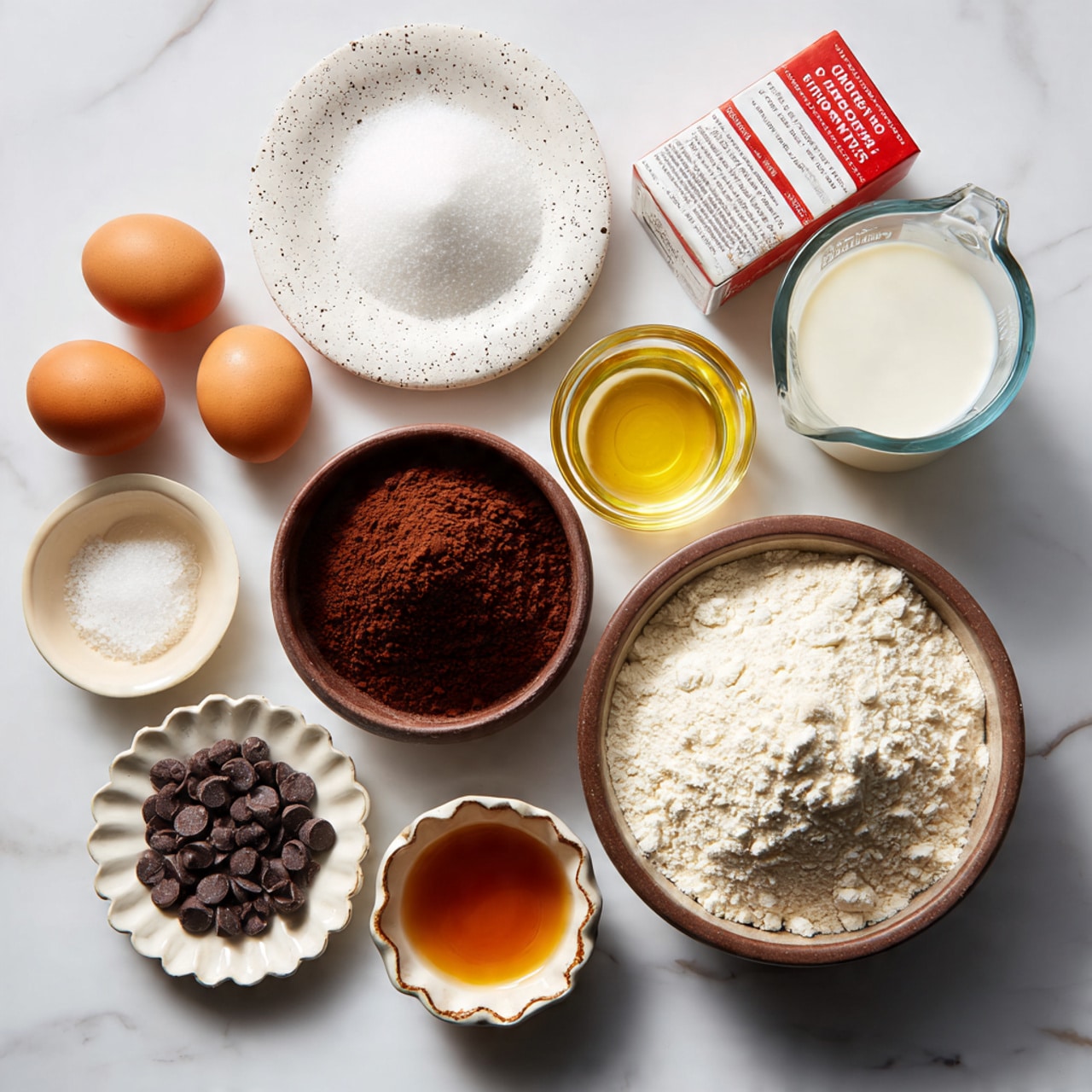 The image shows several chocolate cupcakes arranged on a white marble cake stand with a wooden base. Each cupcake has a dark brown chocolate cake base wrapped in white paper liners and is topped with a thick swirl of rich, smooth, dark chocolate frosting with textured peaks. More cupcakes with the same layers are placed behind the stand on the white marbled surface. There is cocoa powder and a small ceramic dish with cocoa powder near the bottom right of the image. The background is a soft beige color, and the entire setup sits on a white marbled surface photo taken with an iphone --ar 4:5 --v 7