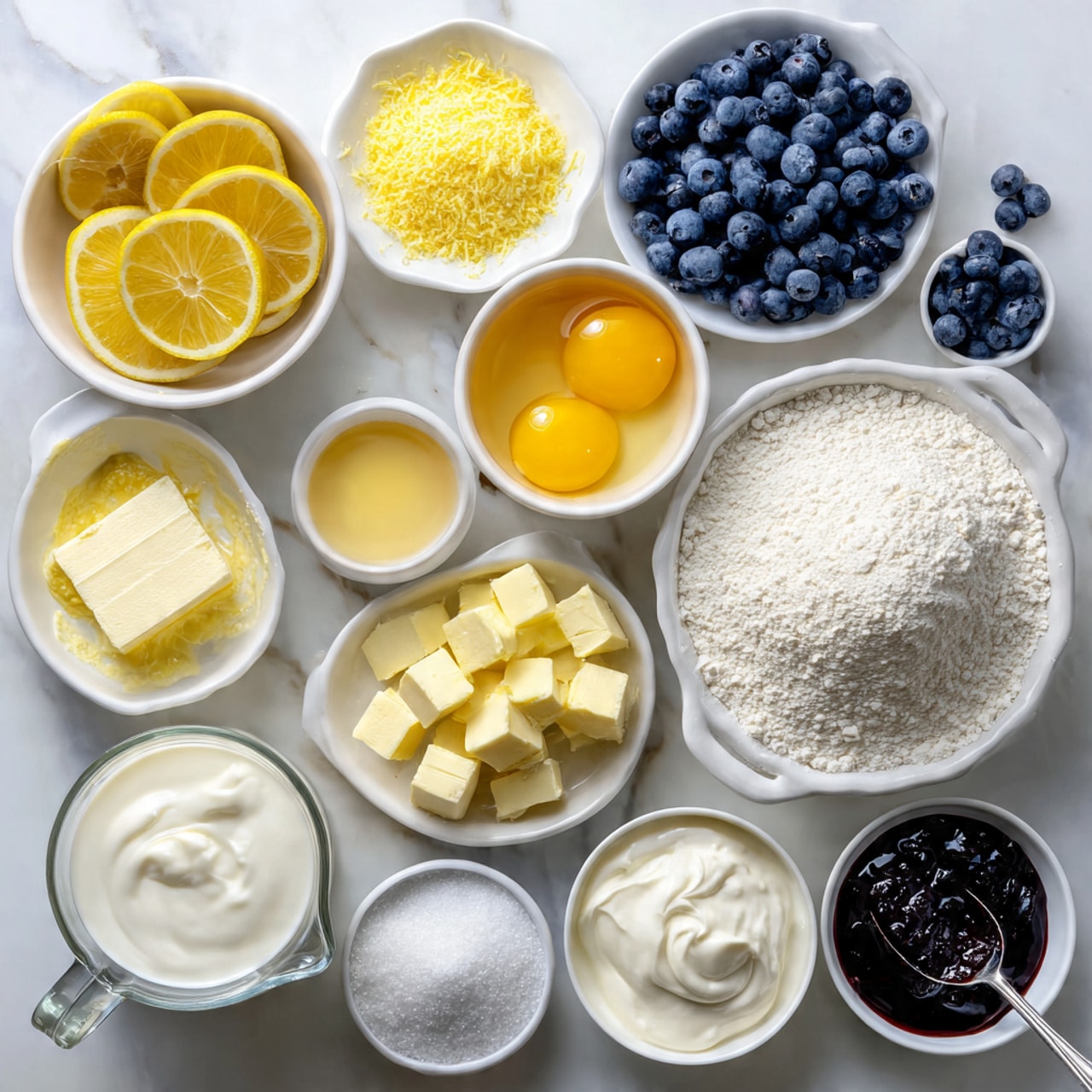 The image shows various baking ingredients arranged in separate small white bowls on a white marbled surface. There are bright yellow lemon slices and lemon zest in one bowl at the top left. Melted butter is in a white bowl next to the lemon parts. A bowl with two eggs cracked open shows yellow yolks and clear whites. A bowl of fresh blueberries is placed near the bottom right. A large bowl filled with white flour sits near the center with a smaller bowl of white granulated sugar to its top right. There is a bowl of thick white yogurt or cream at the lower left side, and a clear measuring cup filled with milk below the eggs. A bowl of cubed butter shows soft yellow chunks near the center top. A small bowl of dry yeast and another one with salt are also present, along with a bowl of dark blueberry jam with a spoon on the right side. Photo taken with an iphone --ar 4:5 --v 7