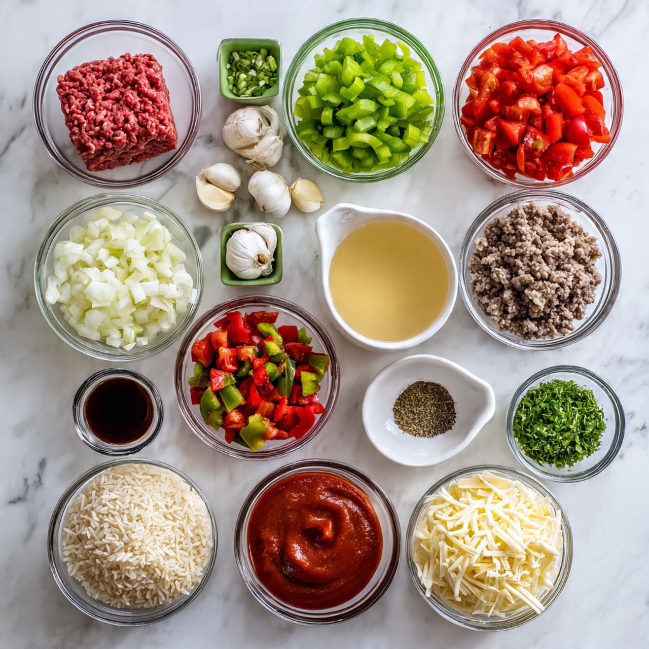 The image shows an organized display of cooking ingredients on a white marbled surface. There are 15 clear glass bowls and containers arranged neatly, each containing different ingredients: a block of raw ground beef with a deep red color on a small green square, chopped white onion, chopped green celery, chopped red bell peppers, chopped green bell peppers, peeled whole garlic cloves, a bowl of bright red diced tomatoes with herbs, a bowl of red tomato sauce, a bowl of broth with a light yellow shade in a small measuring cup, a small bowl of dried green basil, a small bowl of dark red pepper flakes, a small bowl of dark Worcestershire sauce, a small bowl of chopped green parsley, a bowl of cooked light brown converted rice, and a bowl full of shredded pale yellow and white pepper jack cheese. Some ingredients are labeled on the image. The photo taken with an iphone --ar 4:5 --v 7