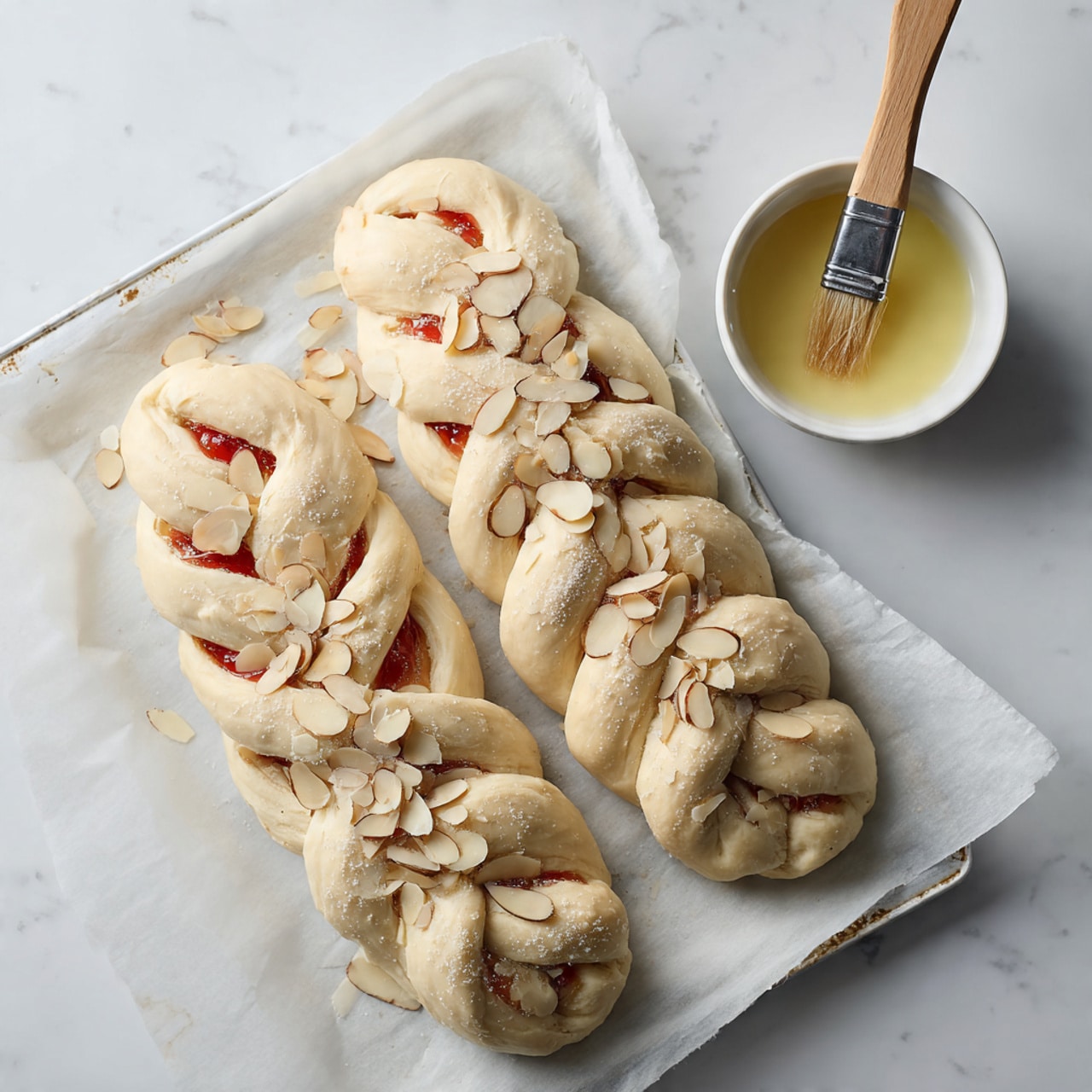 The image shows two braided pastries on a white baking sheet lined with parchment paper, placed on a white marbled surface. Each pastry has a braided top layer of pale dough with visible gaps revealing a red filling underneath. The pastries are evenly sprinkled with light beige sliced almonds. In the top right corner, there is a small white bowl with a wooden brush resting on it, containing a light yellow glaze. The scene is bright and clean, with a soft focus on the textures of the dough and almonds. photo taken with an iphone --ar 4:5 --v 7