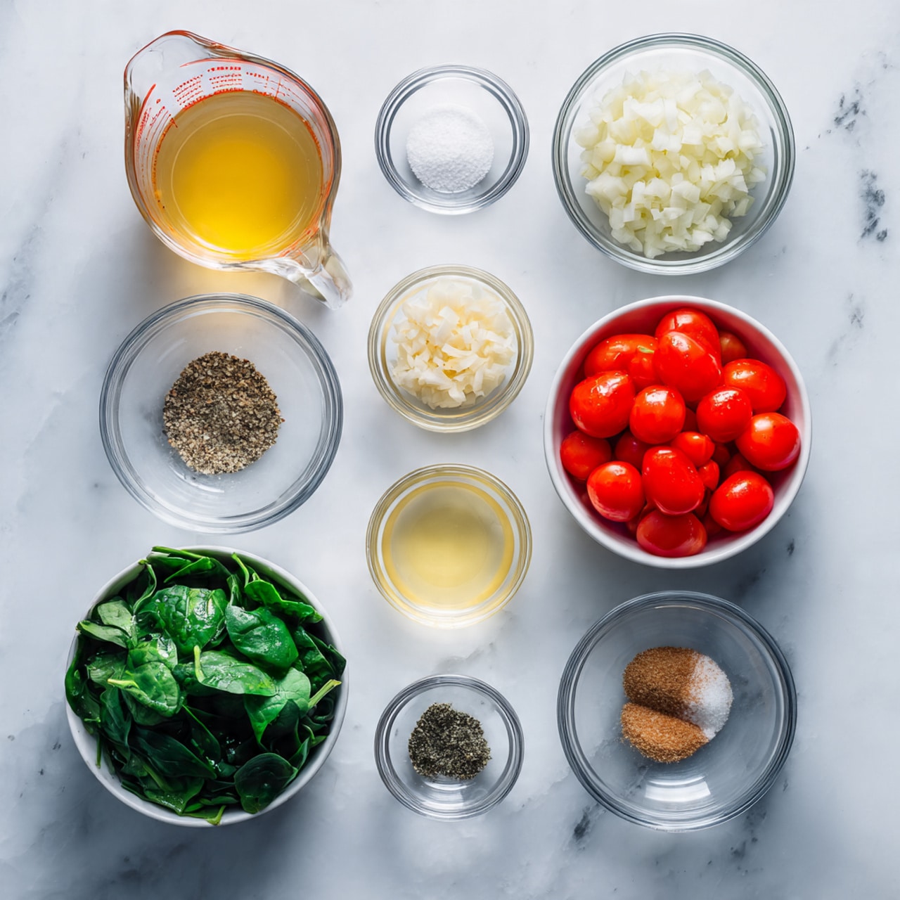 The image shows several small clear and white bowls arranged neatly on a white marbled surface, each holding different ingredients for cooking. At the top left is a clear measuring cup filled with light yellow liquid, and to its right is a clear bowl with finely chopped white onions. Below the onions is a small clear bowl containing minced garlic. Further down, there is a small clear bowl with light yellow liquid and next to it a larger white bowl filled with fresh green spinach leaves. On the bottom right, a large clear bowl holds bright red halved grape tomatoes. To the left of the tomato bowl are four small clear bowls containing white salt, light brown powder, black pepper, and a light clear liquid, arranged vertically. The overall colors are vibrant with red, green, and light yellow tones against the clean white marbled background. photo taken with an iphone --ar 4:5 --v 7