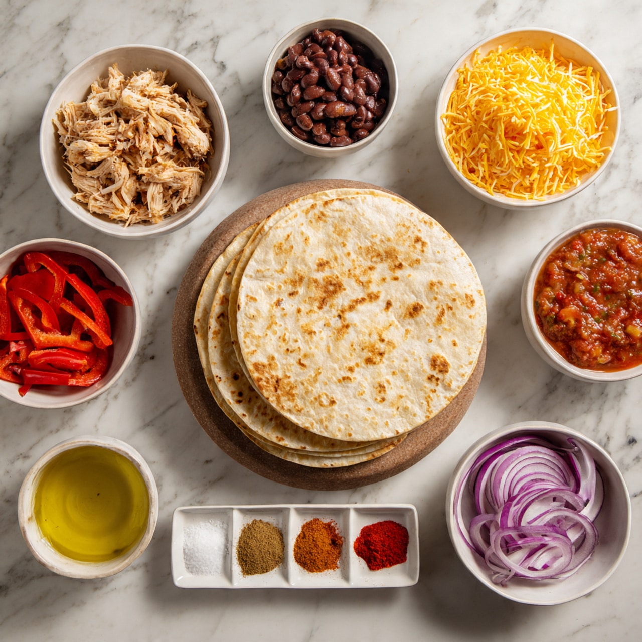 The image shows two light brown tortillas stacked slightly on a white marbled surface, surrounded by small white bowls holding different ingredients. One bowl contains shredded light-colored chicken, another holds dark brown refried beans, and a third has bright orange shredded cheese. A fourth bowl contains red salsa with visible chunks. There is a small white plate divided into four sections with red chili powder, yellow cumin, white garlic powder, and white salt. Another white bowl holds sliced red bell peppers and purple-red onion rings. A small white bowl contains golden olive oil. The bowls and plates are arranged around the tortillas in a neat, circle-like layout. Photo taken with an iphone --ar 4:5 --v 7